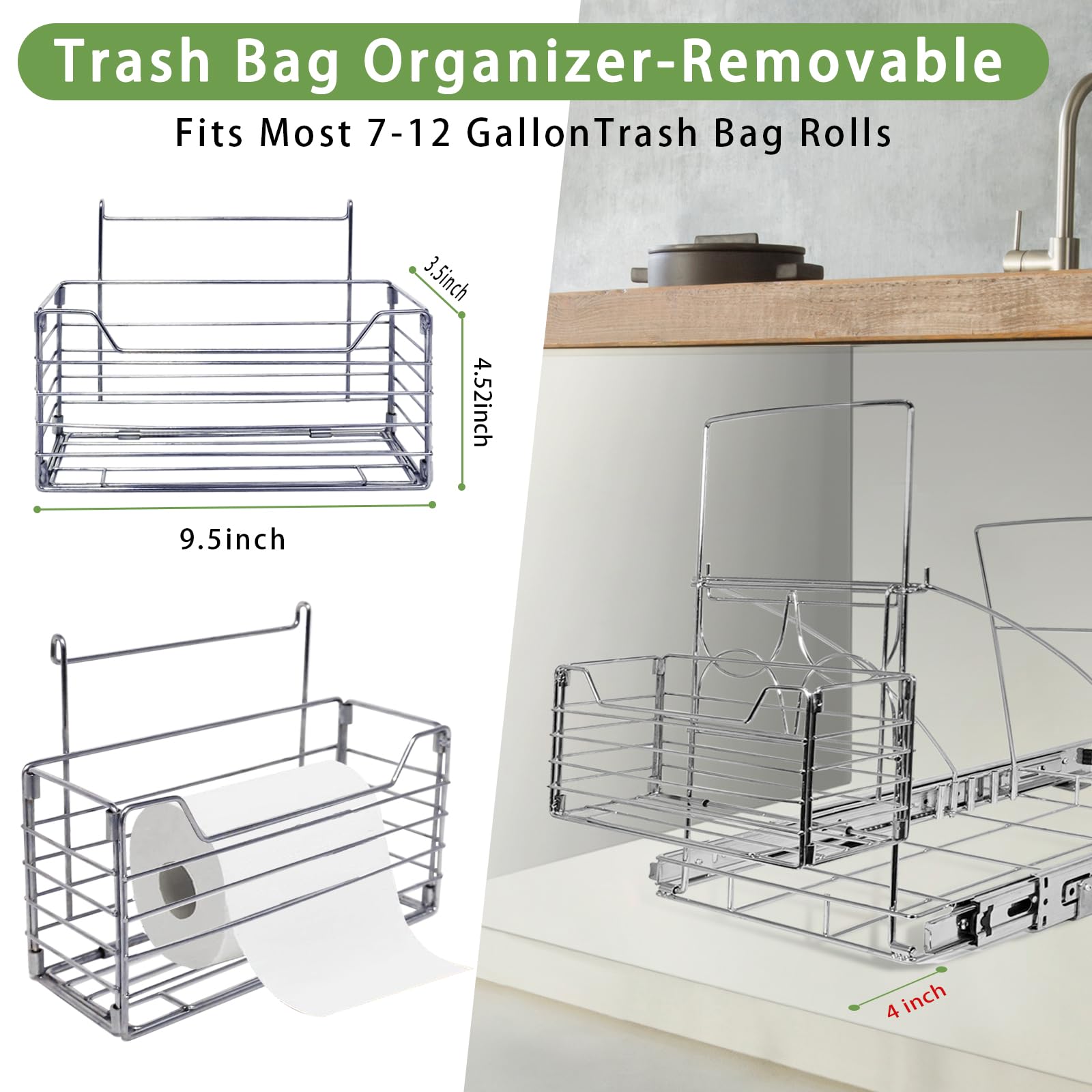 Pull Out Trash Can Under Cabinet - Adjustable Sliding Kitchen Waste Bin for Under Sink, 13 Gallon Stainless Steel (Silver) - Perfect for Small Spaces & Cabinet Organization