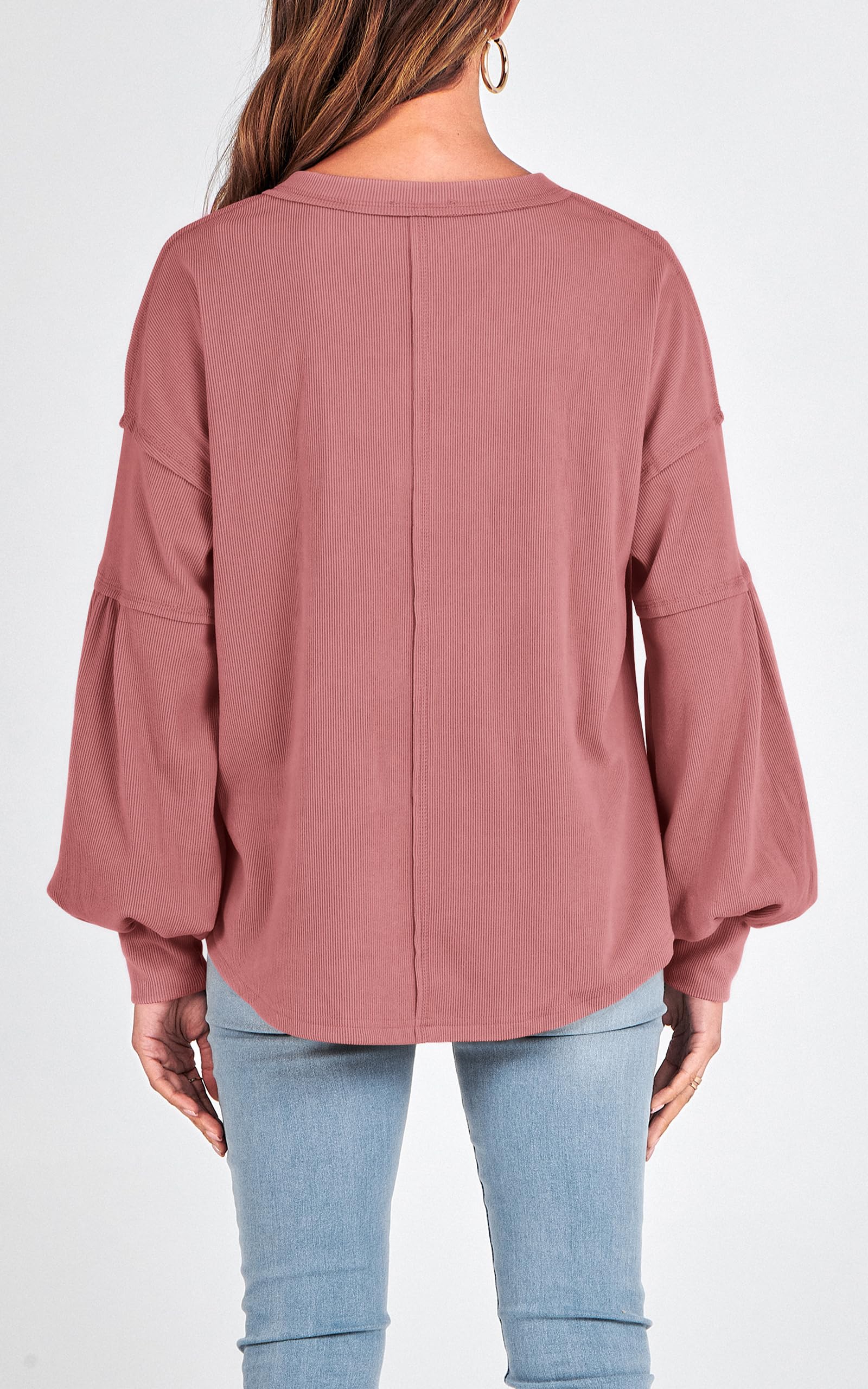 BTFBM Women's Ribbed Long Sleeve T-Shirt - V Neck Pullover Knit Blouse, Loose Fit Tunic Top for Spring & Summer 2025 | Casual Outfits, Layering, Office Wear & Weekend Style