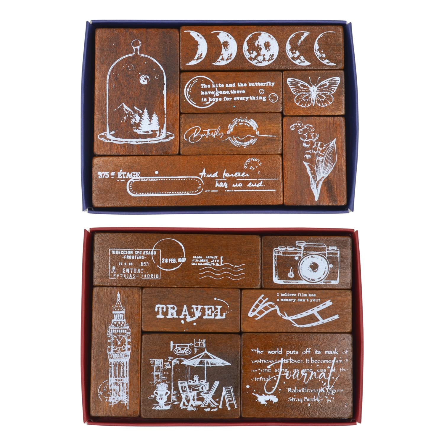 14-Piece Vintage Wooden Rubber Stamp Set for Scrapbooking, Journaling, Card Making - Moonlight Design (M-06) | Perfect for DIY Crafts, Planner Decorations, and Handmade Greeting Cards