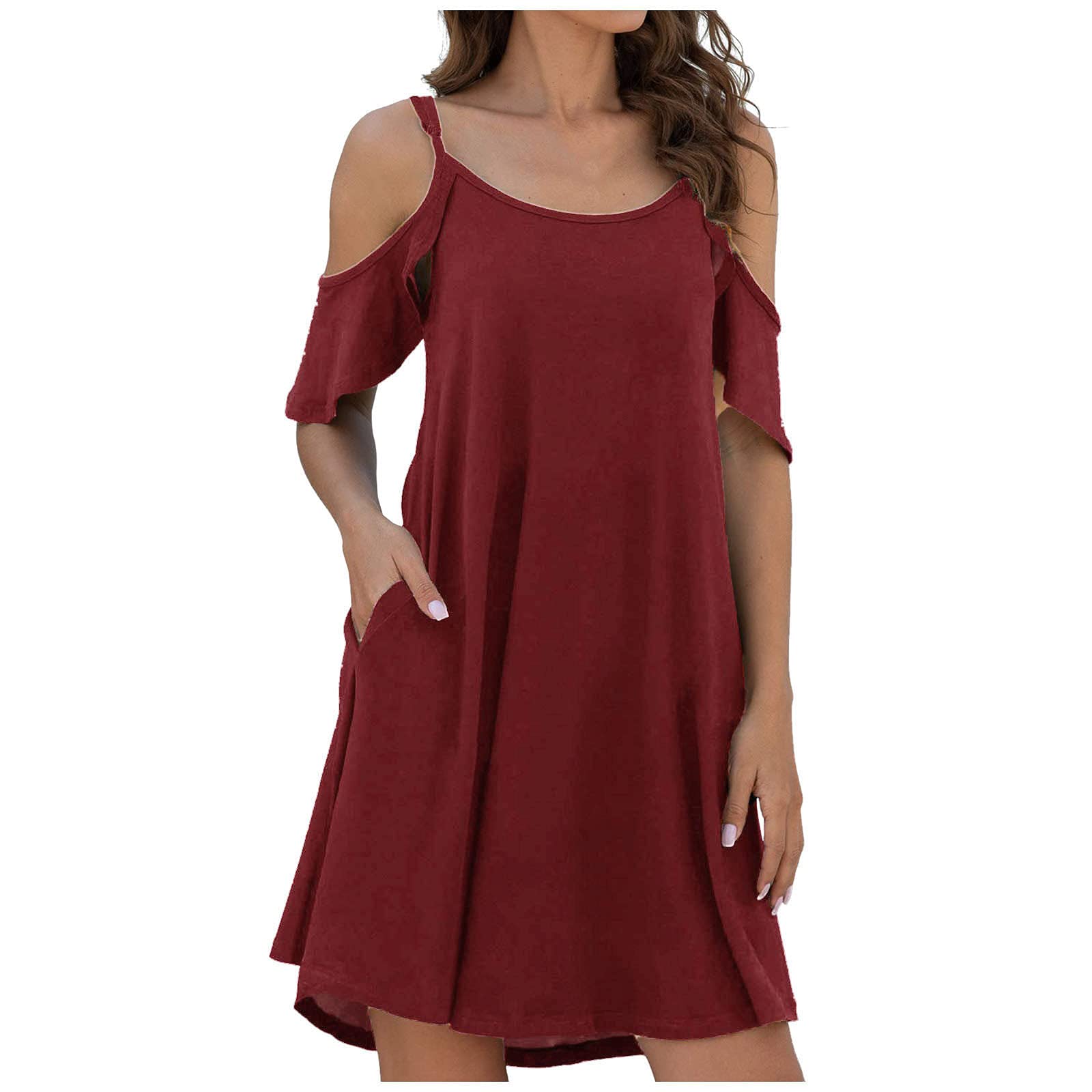 Elogoog Women's Summer Dress with Pockets - Casual Short Sleeve Ruffle Shoulder Dress for Beach, Vacation & Daily Wear | Flowy Cold Shoulder Dress for Women