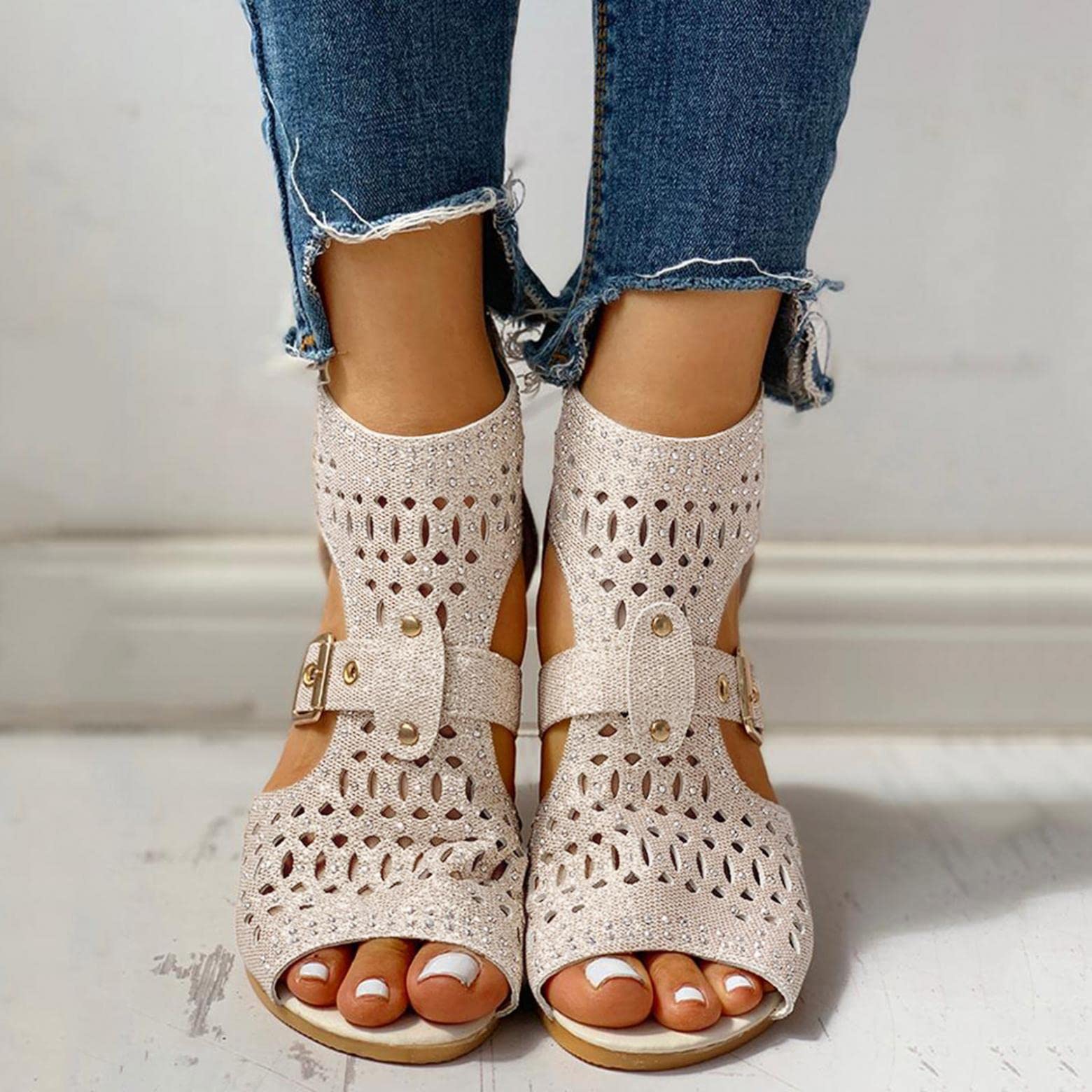 Women's Summer Gladiator Sandals with Crystal Straps - Comfortable Open Toe Heels for Casual Wear & Beach Outings | Soft & Stylish Footwear for Outdoor Activities, Vacation, and Daily Use
