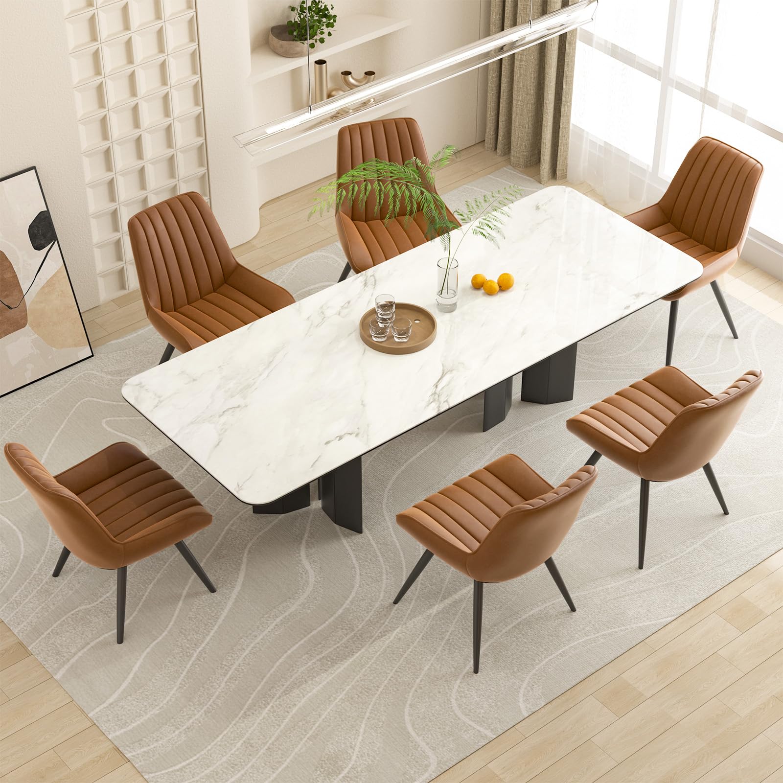 4 Modern Upholstered Dining Chairs Set with Thick Cushions & Sturdy Metal Legs - Brown Fabric Kitchen Side Chairs for Dining Room, Breakfast Nook, and Restaurant Use