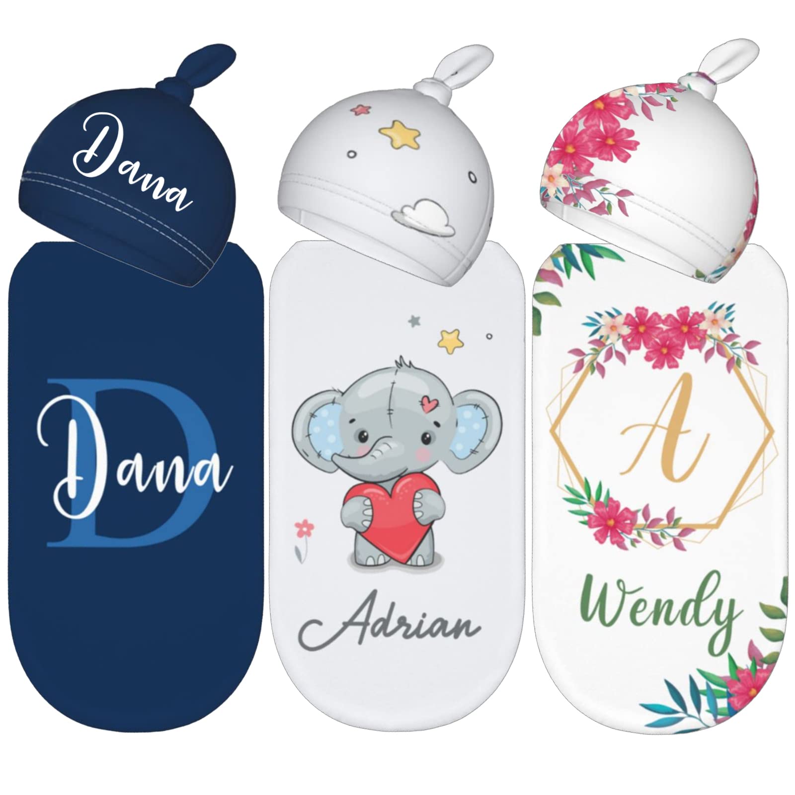Personalized Baby Blanket and Hat Set - Custom Name Embroidered Swaddle Blanket for Newborn Boys & Girls - Soft Infant Sleep Sack for Nursery, Photo Shoots & Baby Showers