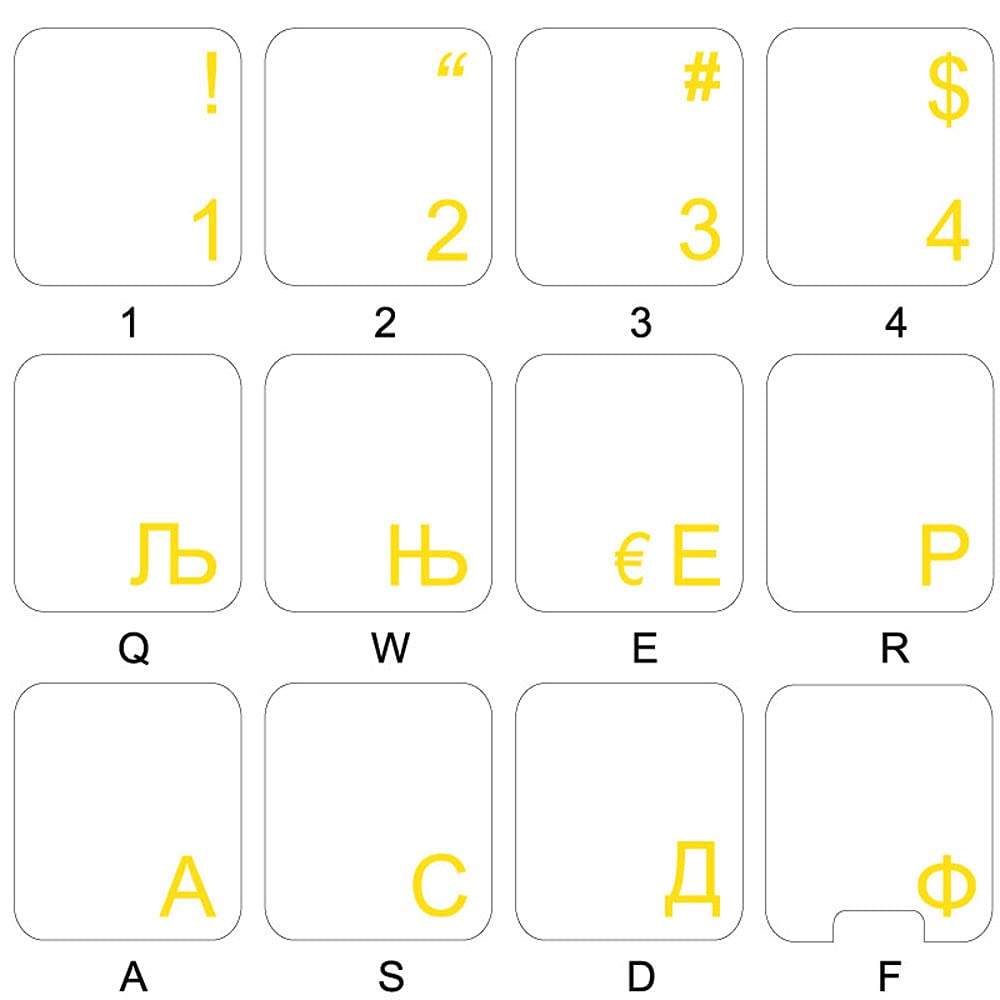 Serbian Keyboard Labels with Yellow Lettering - Transparent Background Stickers for Desktop, Laptop & Notebook - Perfect for Typing in Serbian on Any Computer