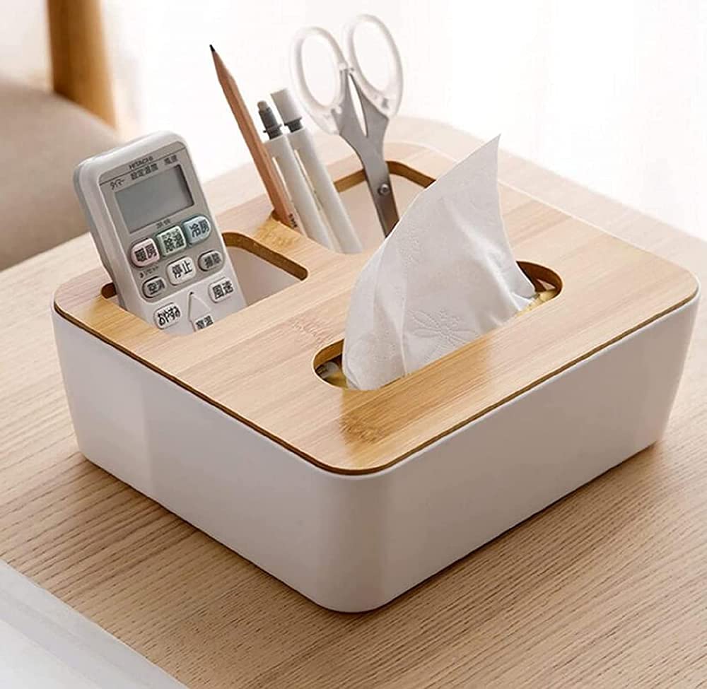 Wooden Tissue Box with Lid - 3 Compartment Organizer for Office & Home | Toilet Paper Storage, Pen Holder & Makeup Brush Organizer | Perfect for Living Room, Bathroom & Office Desk Organization