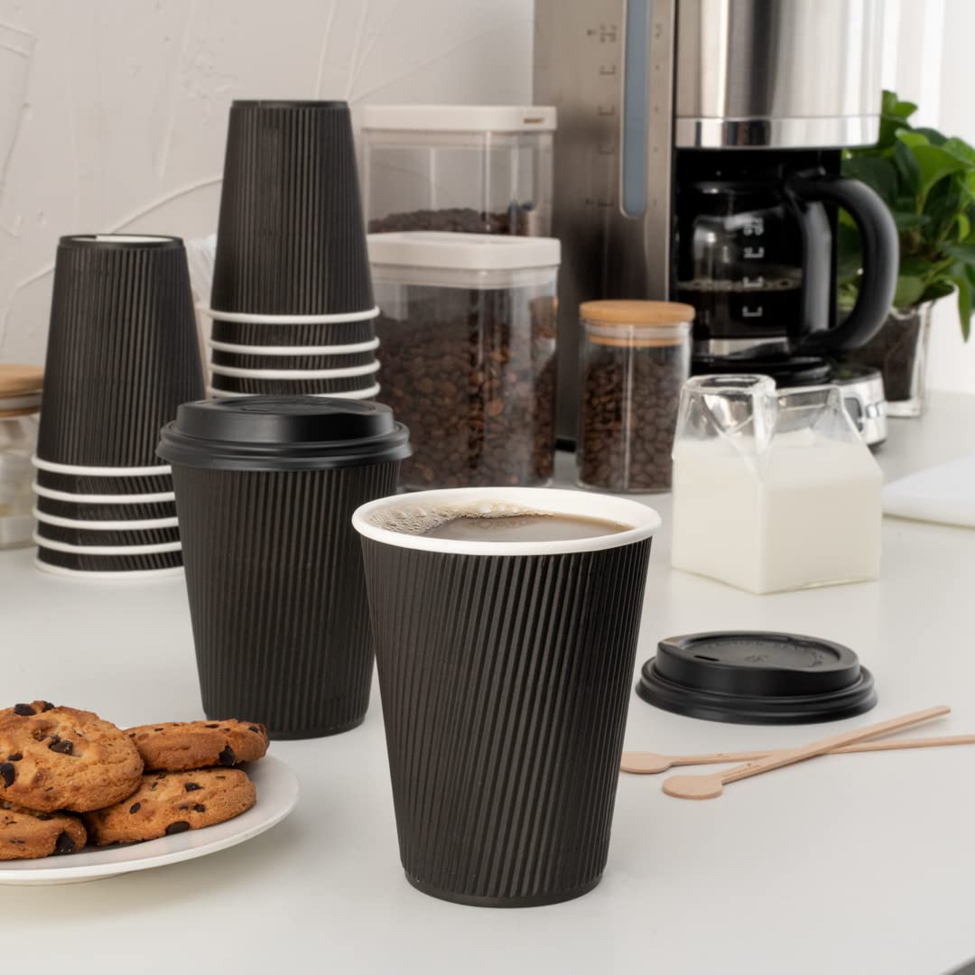 200 Pack 12oz Insulated Black Paper Coffee Cups with Lids - Leakproof & Non-Slip Ripple Wall Hot Cups for Tea, Hot Cocoa, Lattes - Perfect for Coffee Shops, Offices, Catering & Events