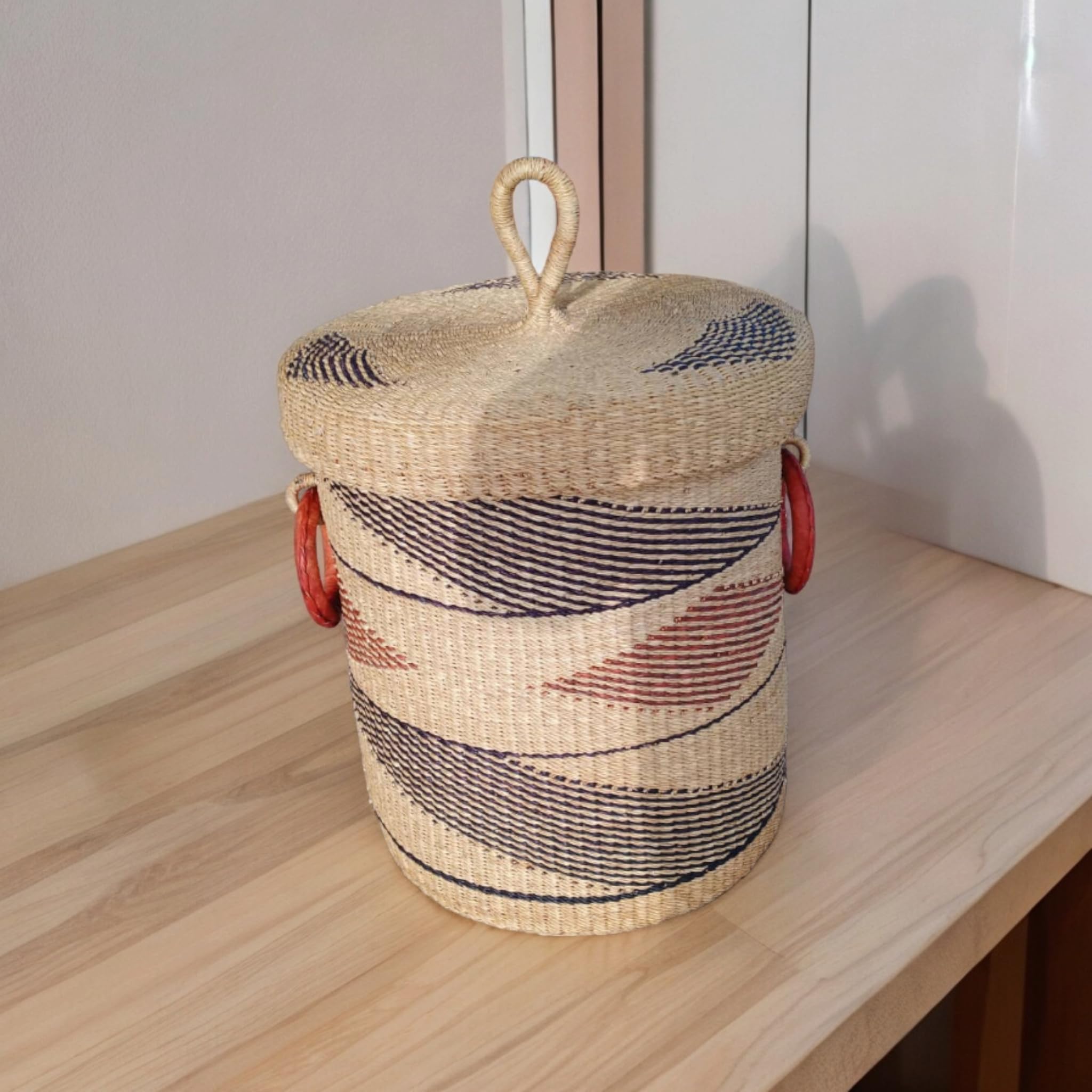 Large African Woven Laundry Basket with Lid - Rattan Storage Hamper for Clothes, Towels, Sheets & Blankets | Ghana Handwoven Basket for Bedroom, Bathroom & Home Organization
