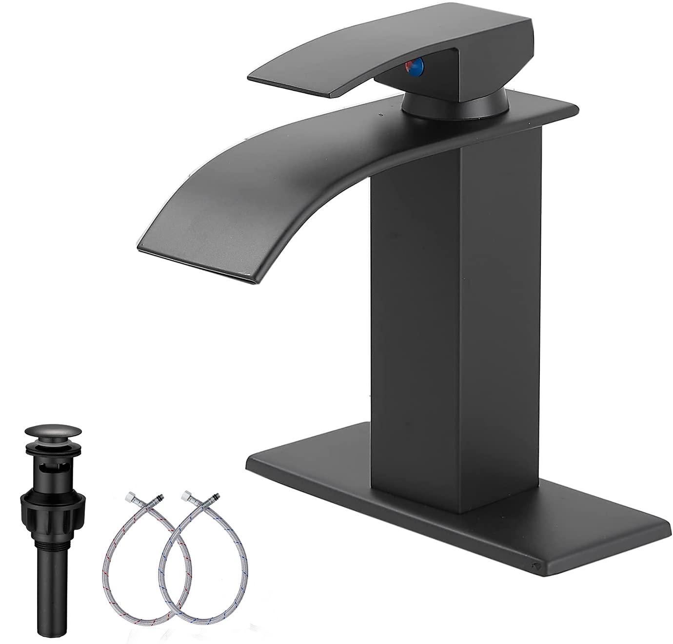 GGStudy Single Handle Waterfall Bathroom Faucet - 1 Hole Black Vanity Sink Faucet with Pop-Up Drain - Modern Matte Finish for Bathroom & Powder Room (Perfect for Contemporary Home Decor & Spa-Like Experience)