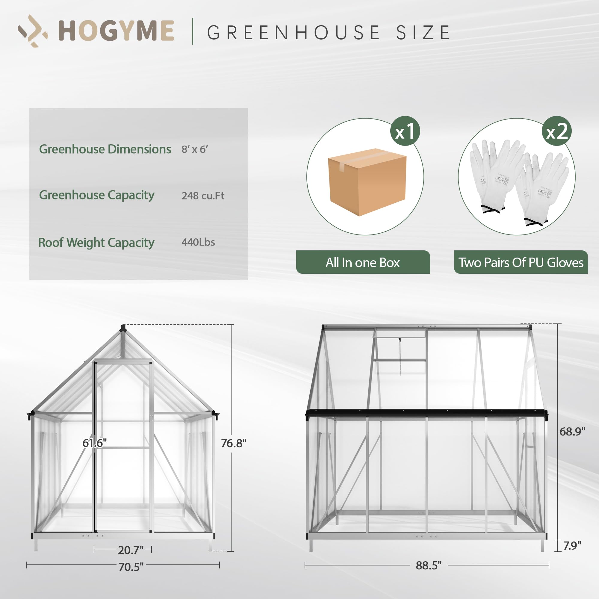 6x8 FT Polycarbonate Greenhouse for Outdoors - Quick Assembly Aluminum Walk-in Greenhouse with Roof Vent | Durable Garden Greenhouse for Backyard, Patio & Plant Nursery (Silver)