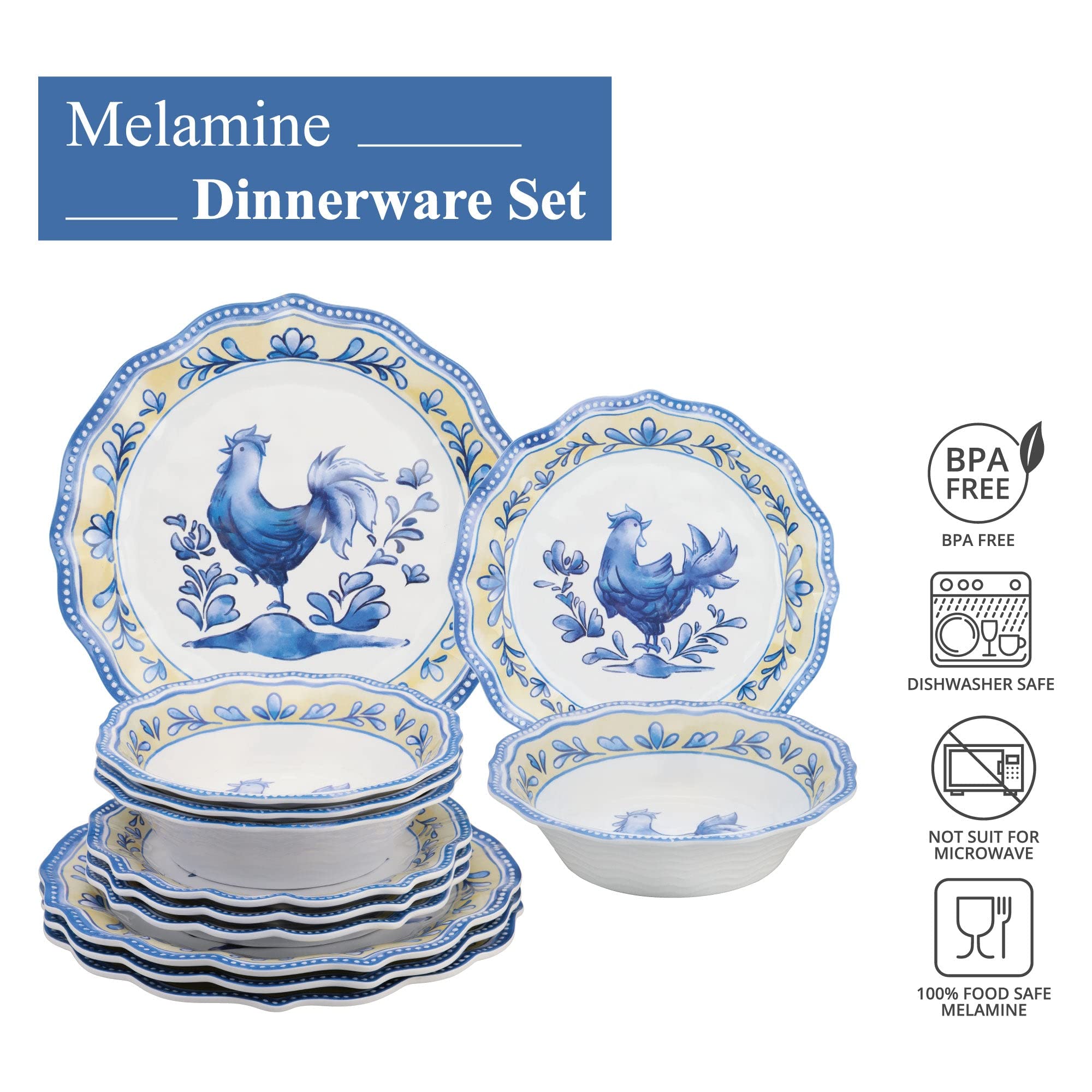 UPware 12-Piece Blue Rooster Melamine Dinnerware Set - Durable Outdoor Dishes, Plates & Bowls for 4 - Shatterproof & Lightweight for Picnics, Camping, and Patio Dining