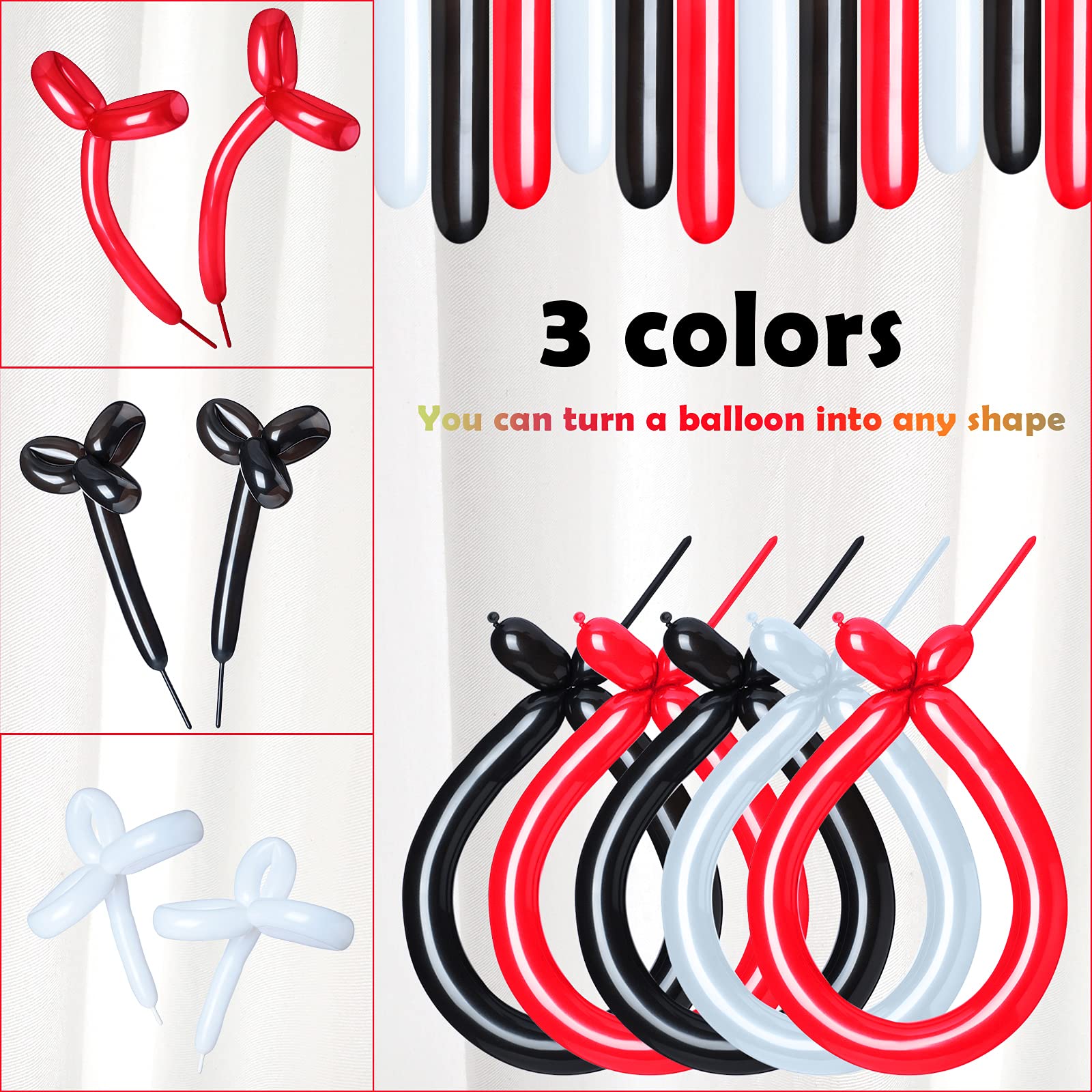 100-Piece Long Twisting Balloons for Animal Shapes & Party Decorations - Latex Modeling Balloons for Weddings, Birthdays, Clown Acts & Art Projects (Black, Red, White) - Perfect for DIY Party Supplies, Balloon Twisting & Event Decorations