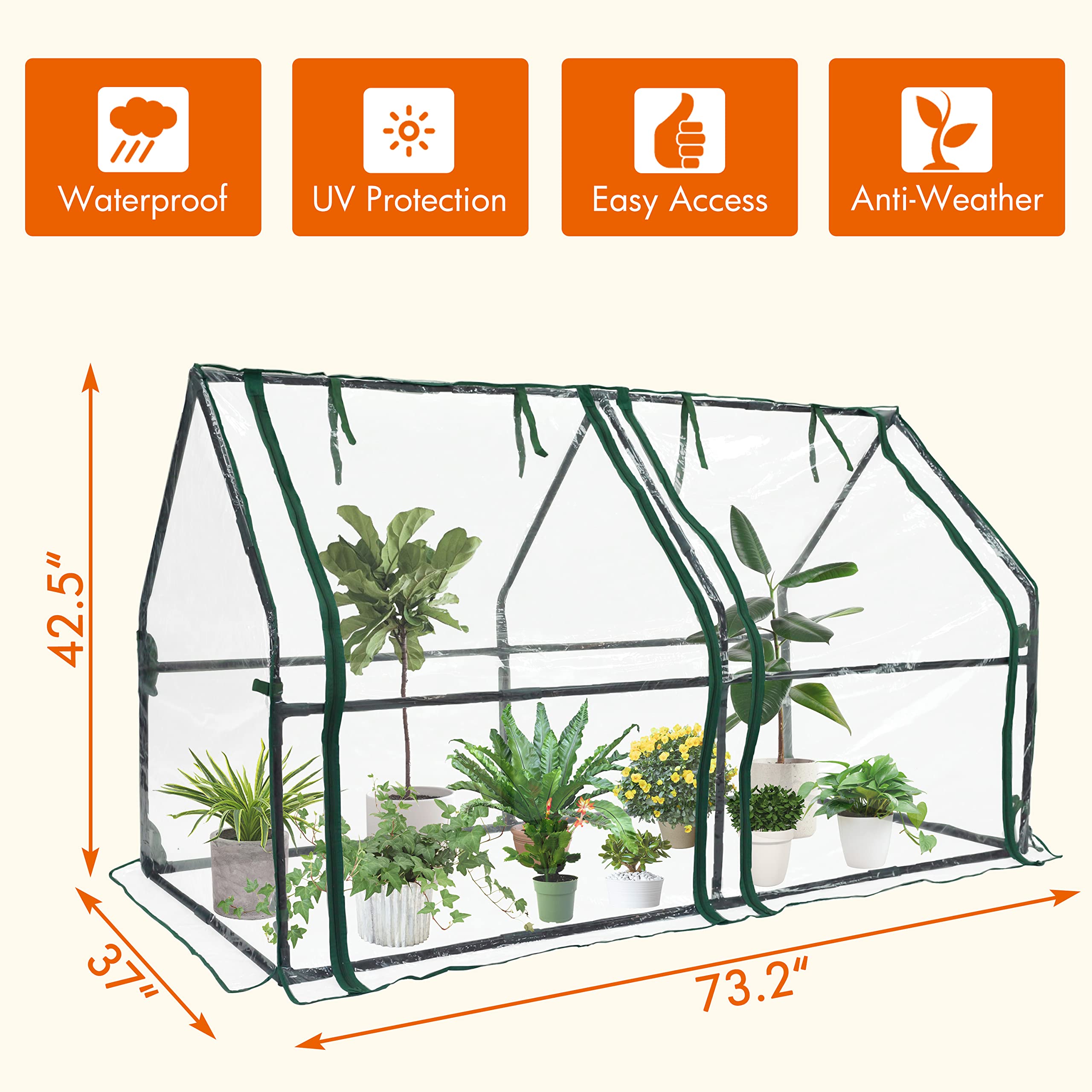 Gardzen Mini Greenhouse - Heavy Duty Portable Clear Tent for Indoor/Outdoor Plants (71.7”L x 36.2”W x 42.5”H) - Perfect for Seed Starting, Plant Protection & Winter Gardening