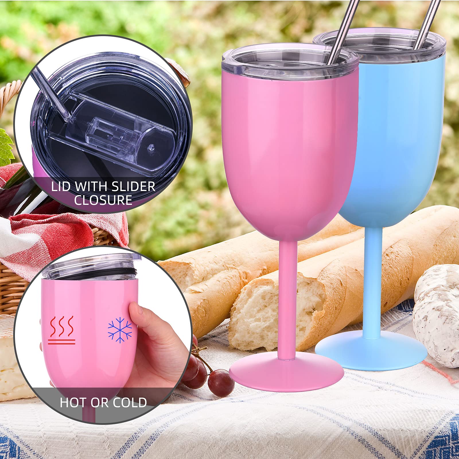 Insulated Stainless Steel Wine Glasses with Lid - 10 oz Double Wall Unbreakable Wine Tumblers Set of 3 (Pink, Purple, Light Blue) - Includes Drinking Straw & Straw Brush - Perfect for Outdoor Picnics, Parties & Travel