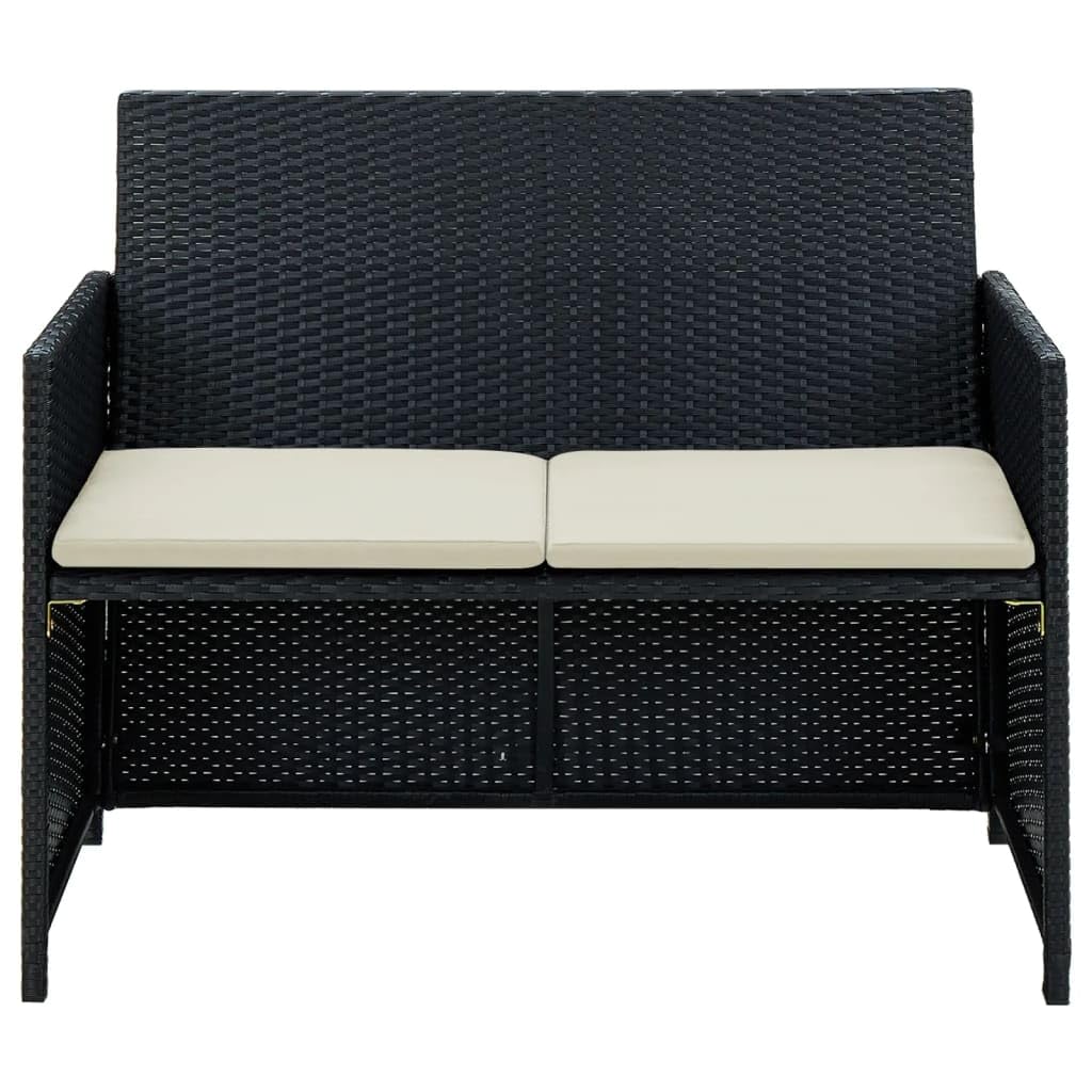 2 Seater Patio Sofa with Cushions - Black Poly Rattan Outdoor Furniture Set for Garden, Balcony, Poolside - Weather Resistant & Comfortable (Black 10.6g)