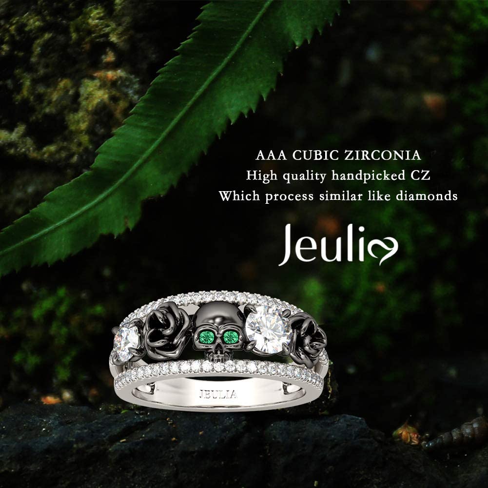 Jeulia Sterling Silver Skull Rings for Women & Men - Round Cut Diamond & Emerald Birthstone CZ Wedding Bands, Black Plated Floral Engagement Promise Rings with Jewelry Box - Perfect for Anniversary, Gothic Fashion & Alternative Jewelry Lovers