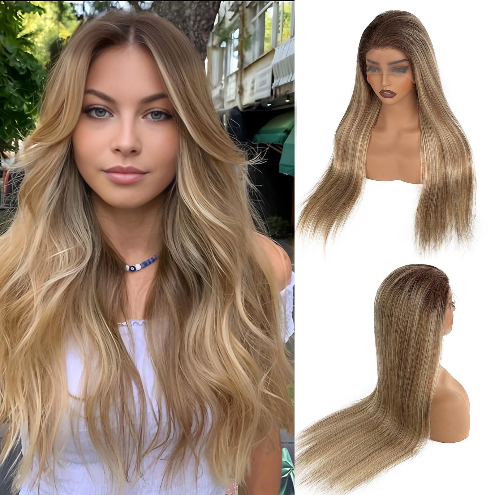Light Blonde Highlight Human Hair Wig - 13x4 HD Lace Front Balayage Ombre Wig for Women | Long Straight 20