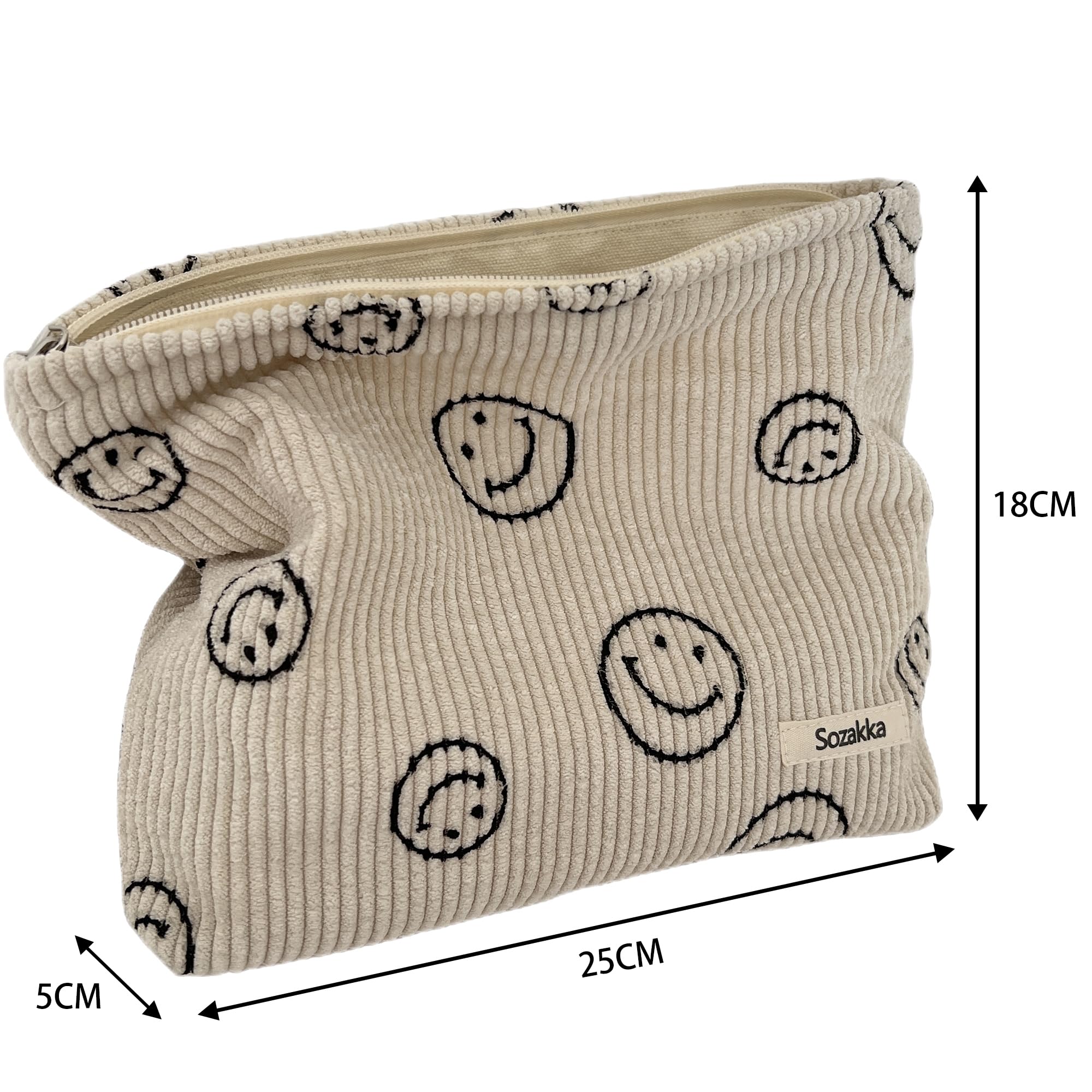 Corduroy Cosmetic Bag for Women - Aesthetic Smile Dots Makeup Organizer & Storage Pouch | Travel, Gym & Daily Use | Blue Makeup Bag for Girls & Teens