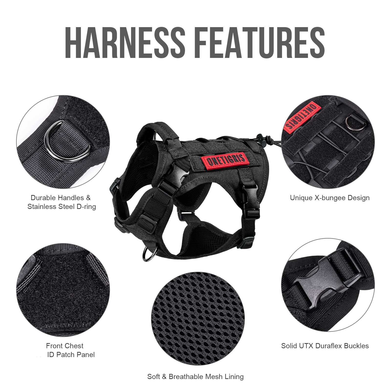 OneTigris Tactical Dog Harness Vest with Handle - Adjustable No-Pull Service Vest for Medium & Large Dogs - Hook & Loop Panels - Perfect for Walking, Training & Outdoor Adventures (Black, Small)