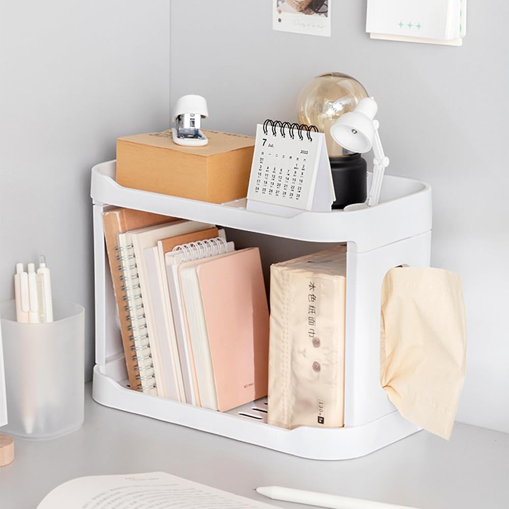 OTIPORTER 2-Tier Foldable Desktop Organizer - Plastic Storage Shelf for Office, Home, Kitchen & Bathroom | Space-Saving Cosmetic & Stationery Holder | Perfect for Small Spaces & Clutter-Free Organization (White)