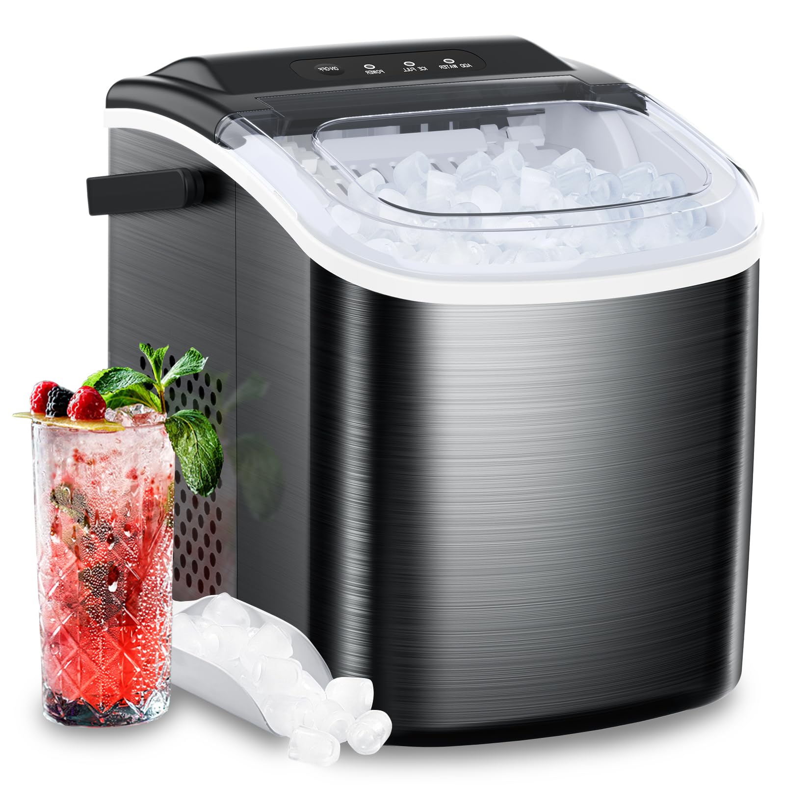 Joy Pebble Stainless Steel Countertop Ice Maker Machine - 26.5Lbs/24H, Makes 9 Ice Cubes in 6-8 Minutes, Self-Cleaning Portable Ice Machine with Handle - Perfect for Home Kitchen, Office Breakroom, Bar Counter & Outdoor Parties (Black)