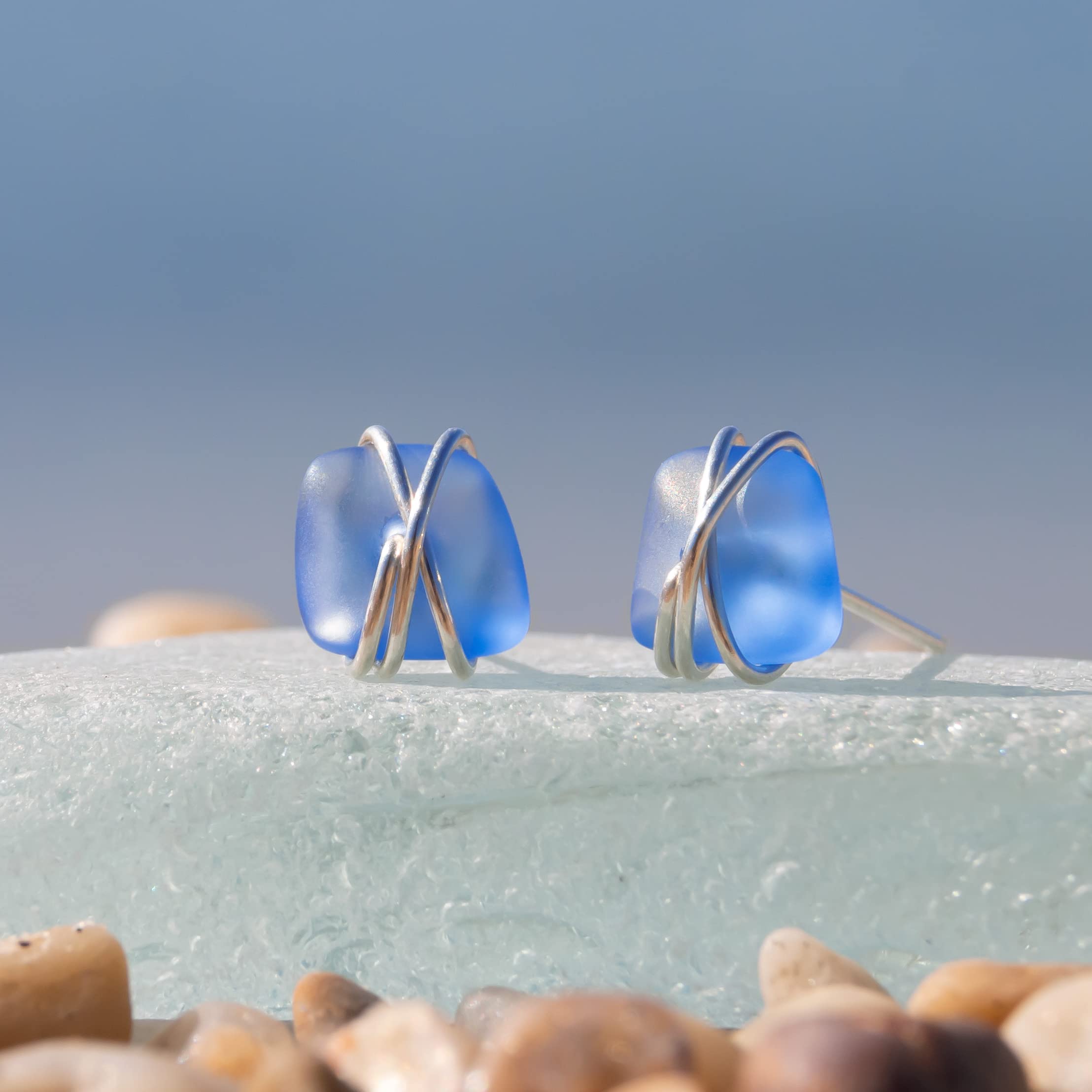 Hypoallergenic Sterling Silver Sea Glass Stud Earrings for Women - Handmade Dark Blue Beach Glass Post Earrings - Perfect for Beach Weddings, Summer Outfits & Gift Giving