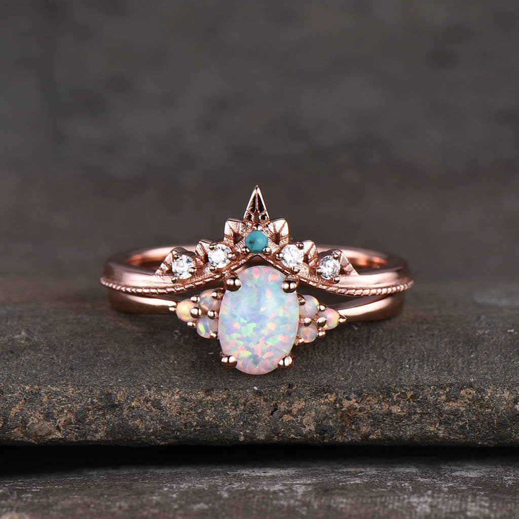 14k/18k Oval Opal Engagement Ring Set - Cluster Opal Bridal Jewelry for Wedding, Proposal & Anniversary Gifts