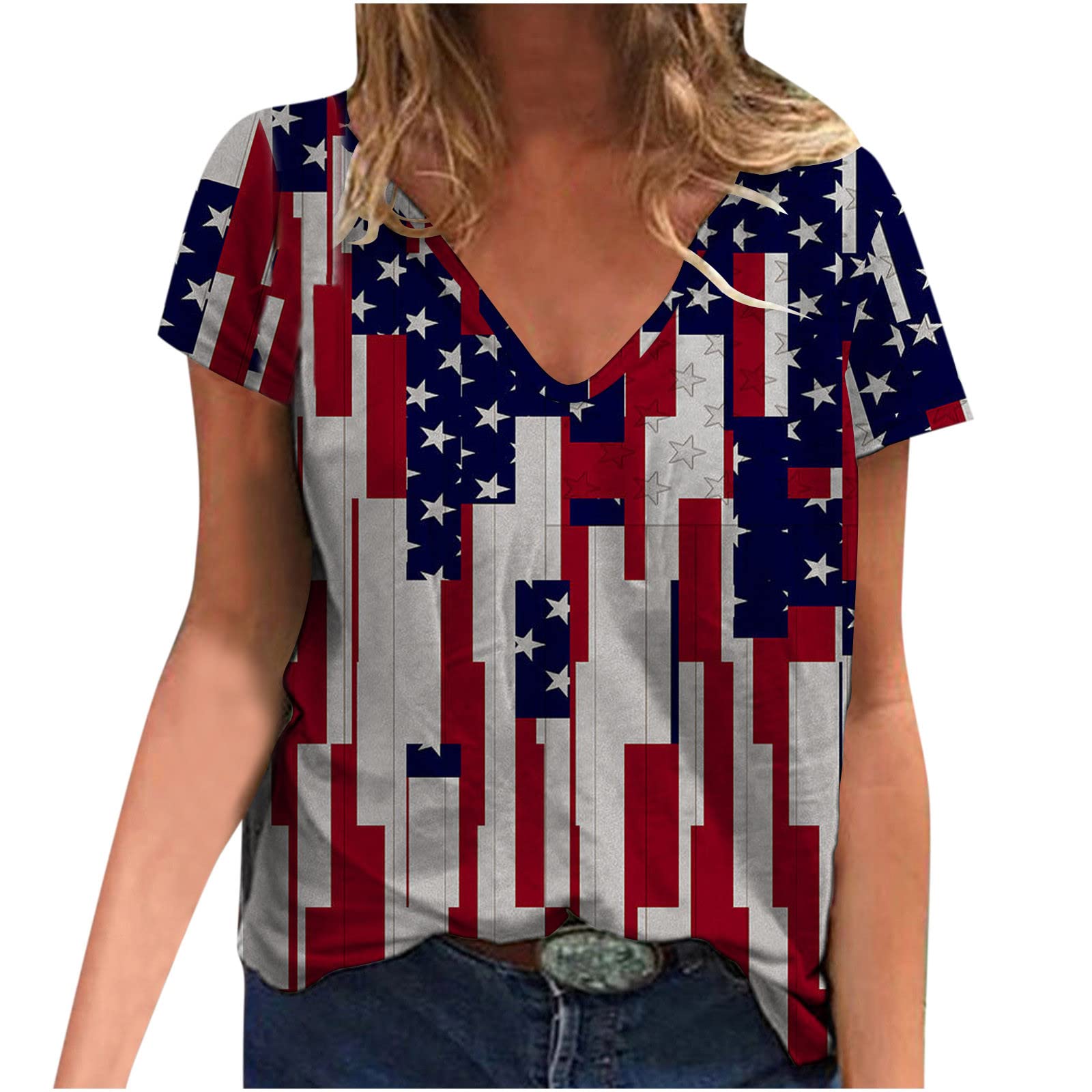 4th of July Women's USA Flag Printed V-Neck Short Sleeve T-Shirt - Cute Loose Tunic Top for Independence Day & Summer Outings | Perfect for BBQ Parties, Beach Vacations & Patriotic Celebrations