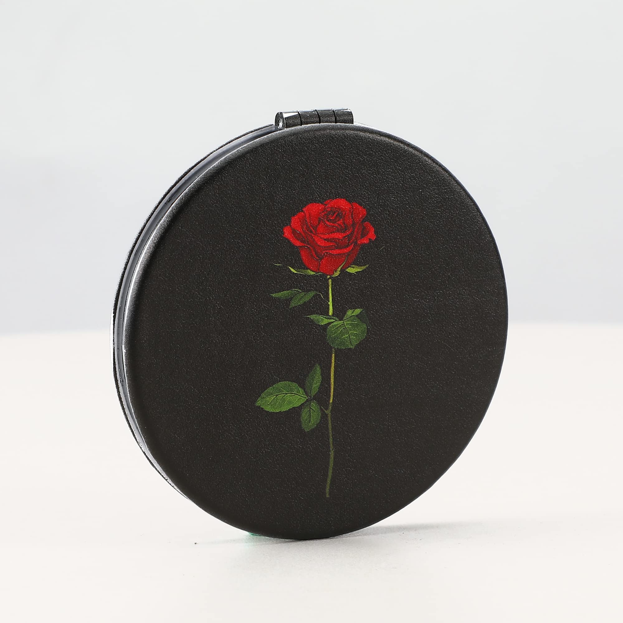 Dynippy Compact Mirror Double-Sided 1X/2X Magnifying - Rose Flower Design 2.75 Inch Round Makeup Mirror - Portable Pu Leather Hand Mirror for Purse, Travel, and On-the-Go Touch Ups