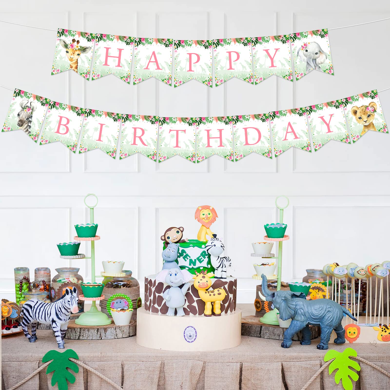 Jungle Happy Birthday Banner for Girls - Green & Pink Safari Theme Birthday Decorations | Perfect for Wild One, Wild Two, Wild Three Birthday Parties & Jungle-Themed Celebrations