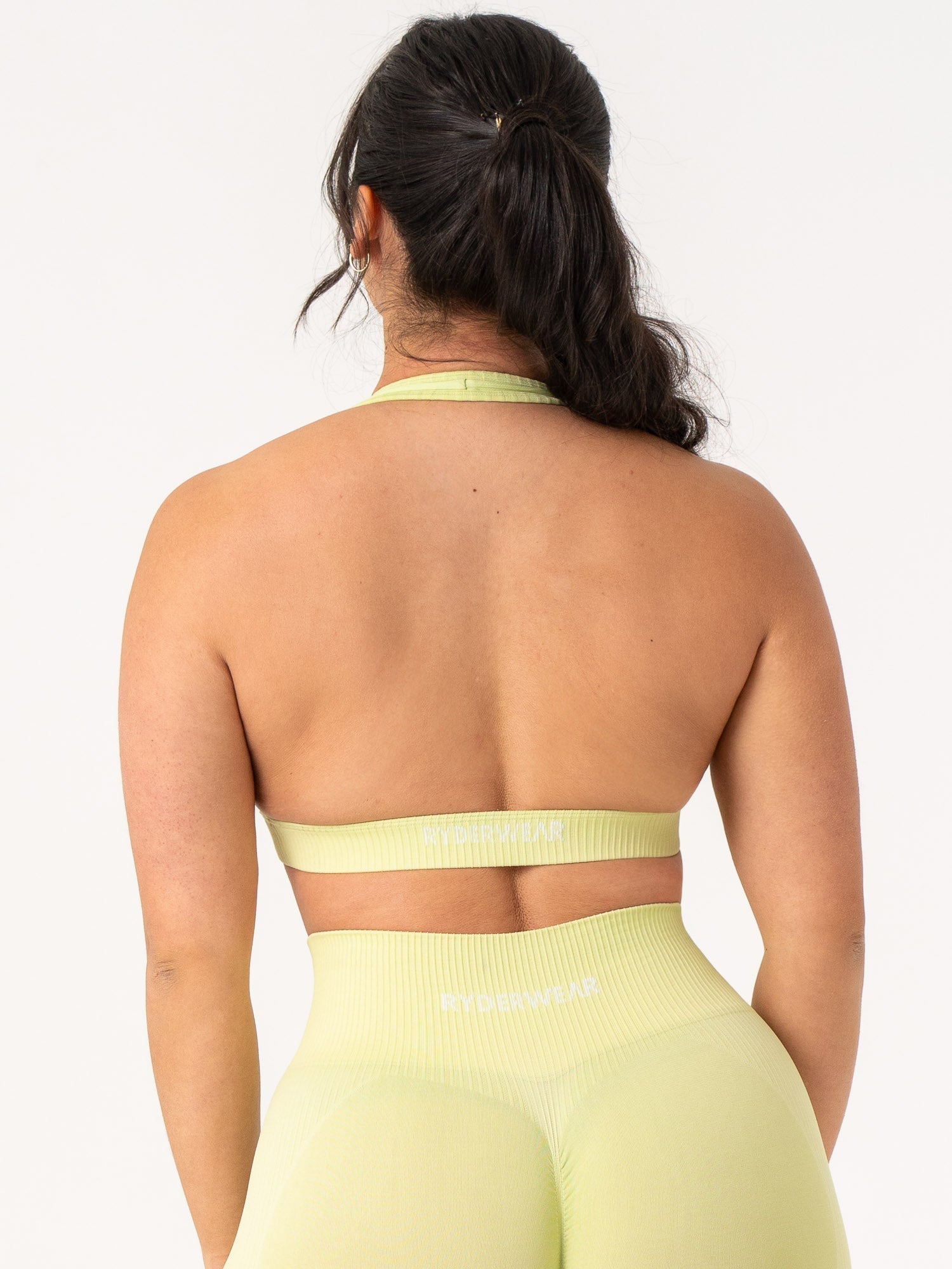 High-Waisted Ribbed Seamless Halter Sports Bra for Women - Breathable Workout Top in Lime Green - Perfect for Yoga, Running & Gym