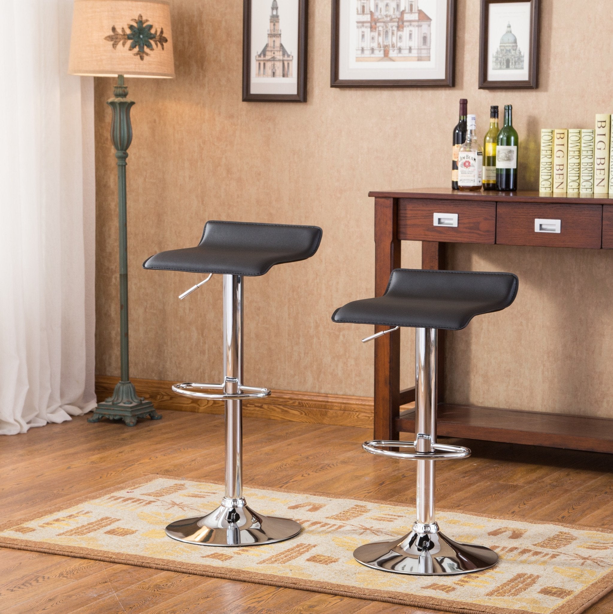 Roundhill Furniture Contemporary Chrome Air Lift Adjustable Swivel Bar Stools with Black PU Seat, Set of 2 - Perfect for Kitchen Island, Breakfast Bar, and Home Office