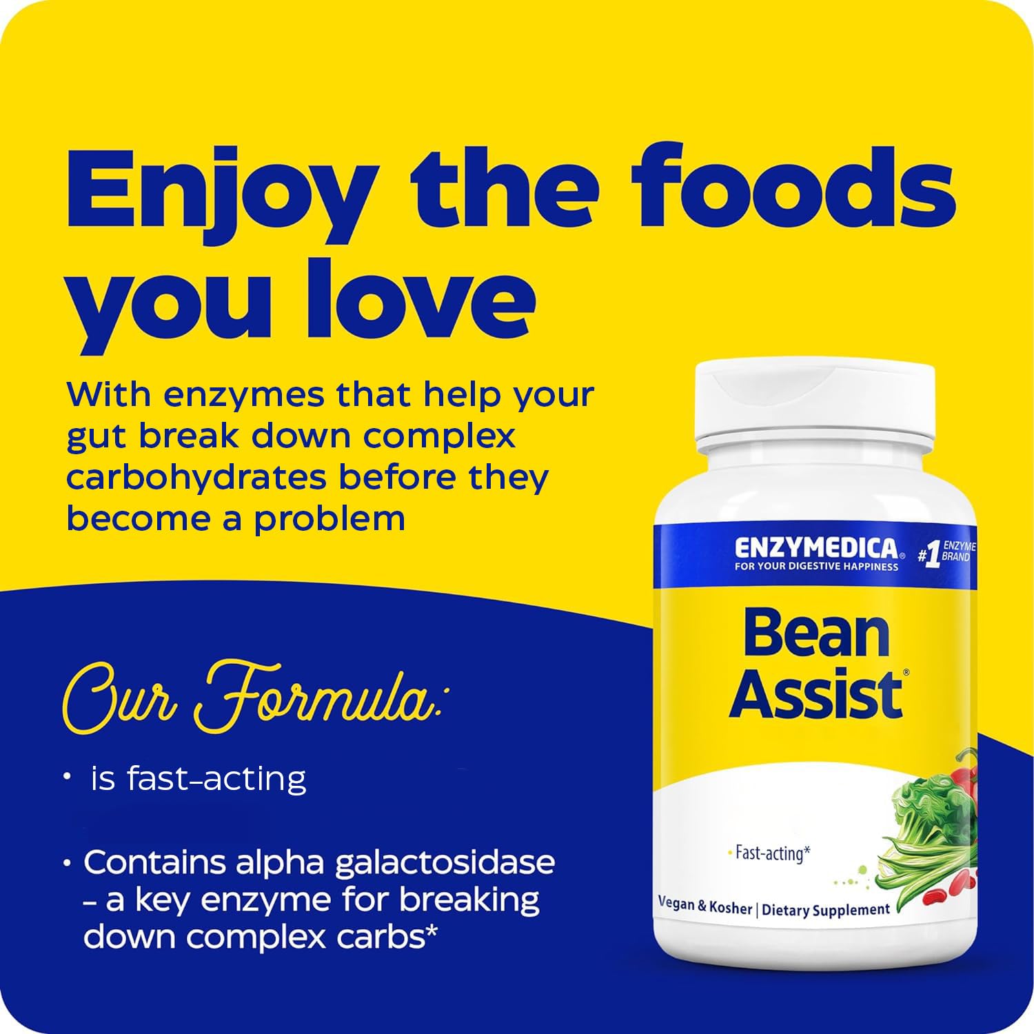 Enzymedica BeanAssist Digestive Enzyme Supplement - 30 Vegan Capsules for Gas & Bloating Relief - Gluten-Free, Soy-Free - Supports Healthy Digestion After Meals