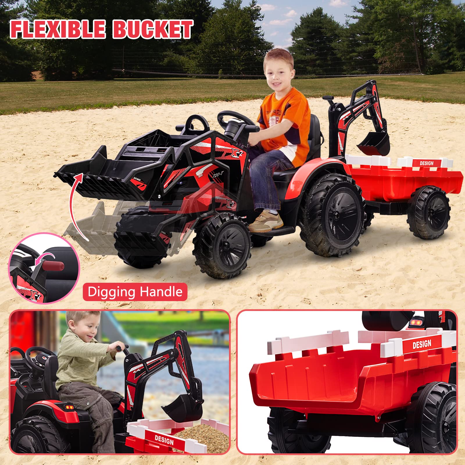 GARVEE 24V Electric 3-in-1 Ride-On Tractor with Excavator & Bulldozer - Remote Control, LED Lights, Music, USB/Bluetooth - Supports Up to 66 lbs - Bright Red - Perfect for Kids Outdoor Play, Backyard Fun & Construction Pretend Play