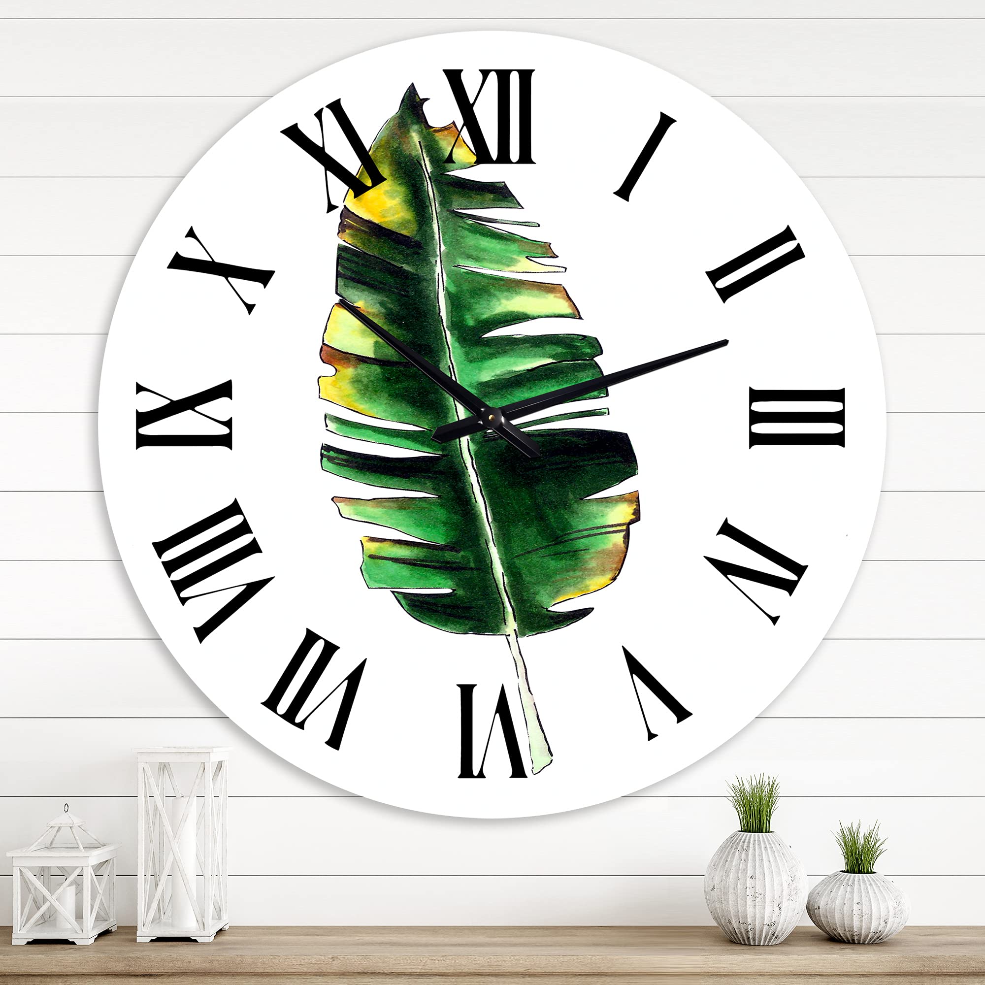 Bohemian Eclectic Wall Clock - Single Banana Leaf Floral Botanical Large Wall Decor for Kitchen, Living Room, Bedroom & Office | Perfect for Home & Farmhouse Decor