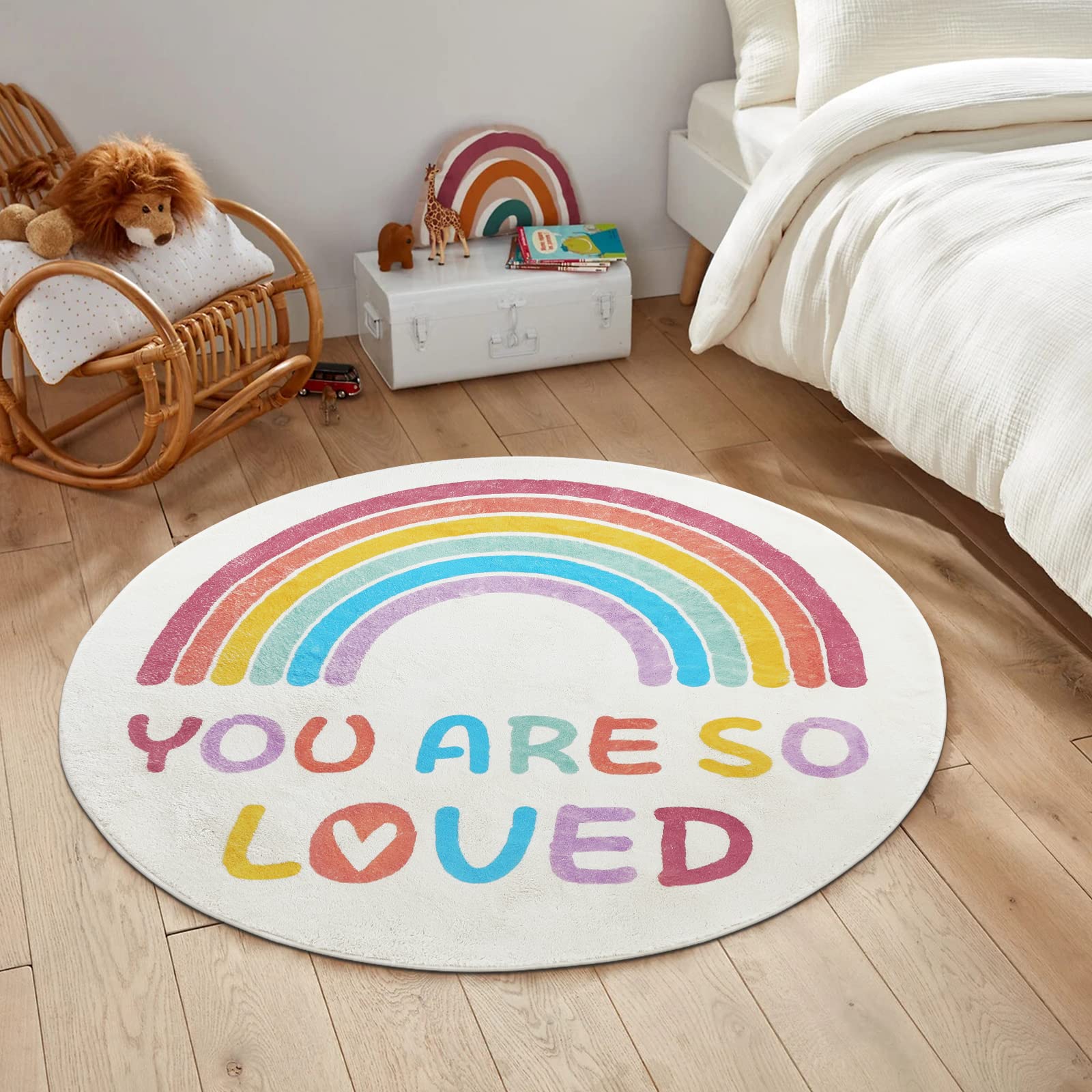 Topotdor Rainbow Round Rug for Girls Bedroom - Colorful Boho Nursery Area Rug, Ultra Soft Machine Washable Kids Play Mat, 63