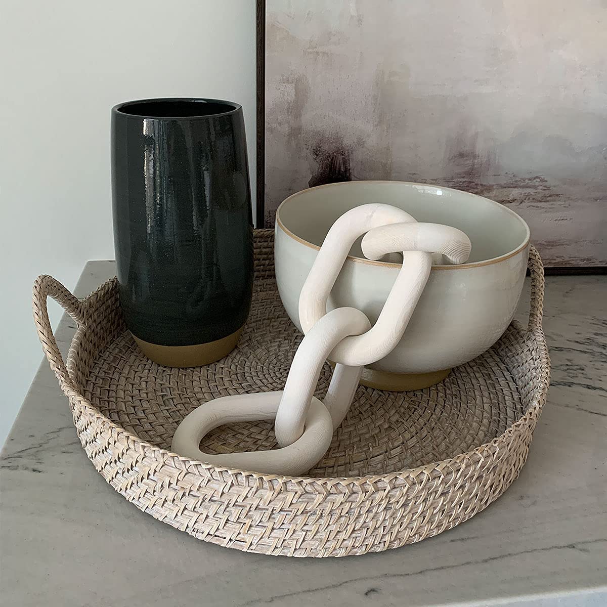 Hand Carved Boho Wood Chain Link Decor - Sustainable Pine Farmhouse Decorative Chain for Coffee Table, Shelf, Wall | Home & Living Room Decor (White) - Perfect for Boho, Rustic & Modern Interior Design Styles
