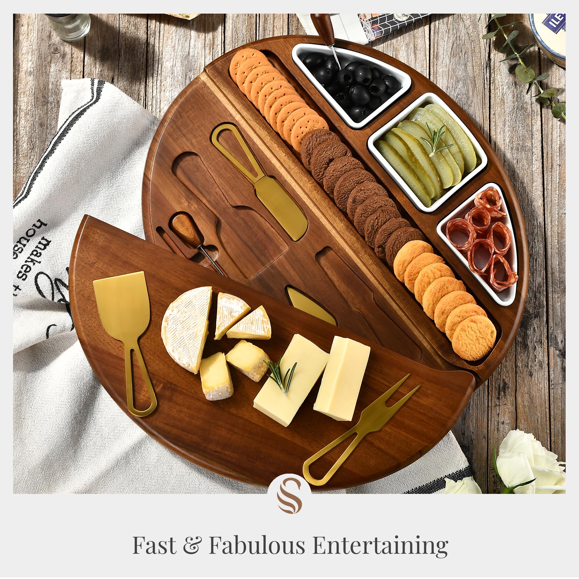 Premium Acacia Wood Cheese Board Set - Large Charcuterie Cutting Board with Engraving - Perfect for Entertaining, Christmas Gifts, Weddings & Parties - Housewarming, Birthday & Anniversary Present - Great for Wine & Cheese Nights, Charcuterie Platters, Holiday Gatherings