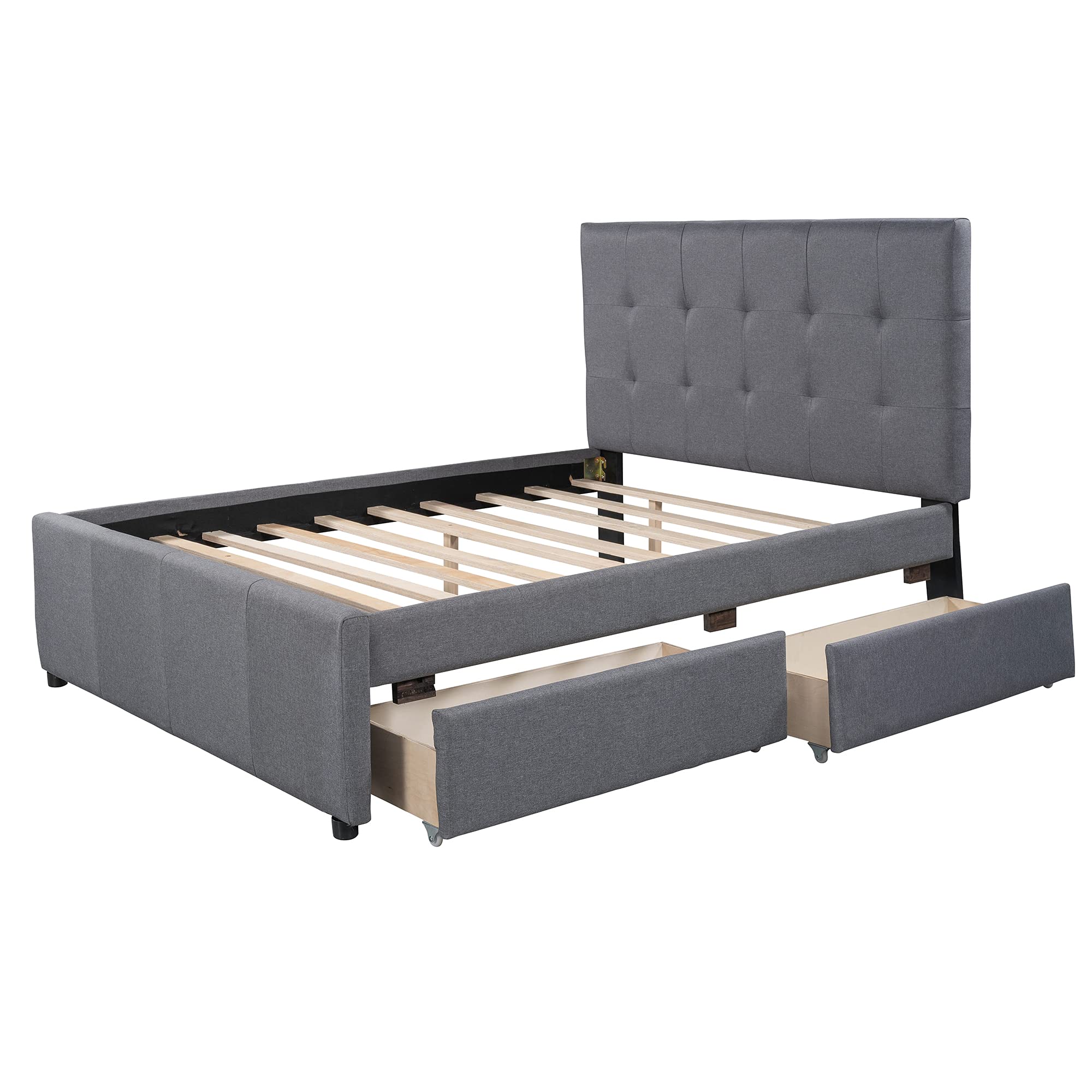 RUNNA Full Size Upholstered Platform Bed Frame with Headboard & 2 Storage Drawers - No Box Spring Needed Linen Daybed for Kids & Teens - Perfect for Small Bedrooms, Guest Rooms & Dormitories