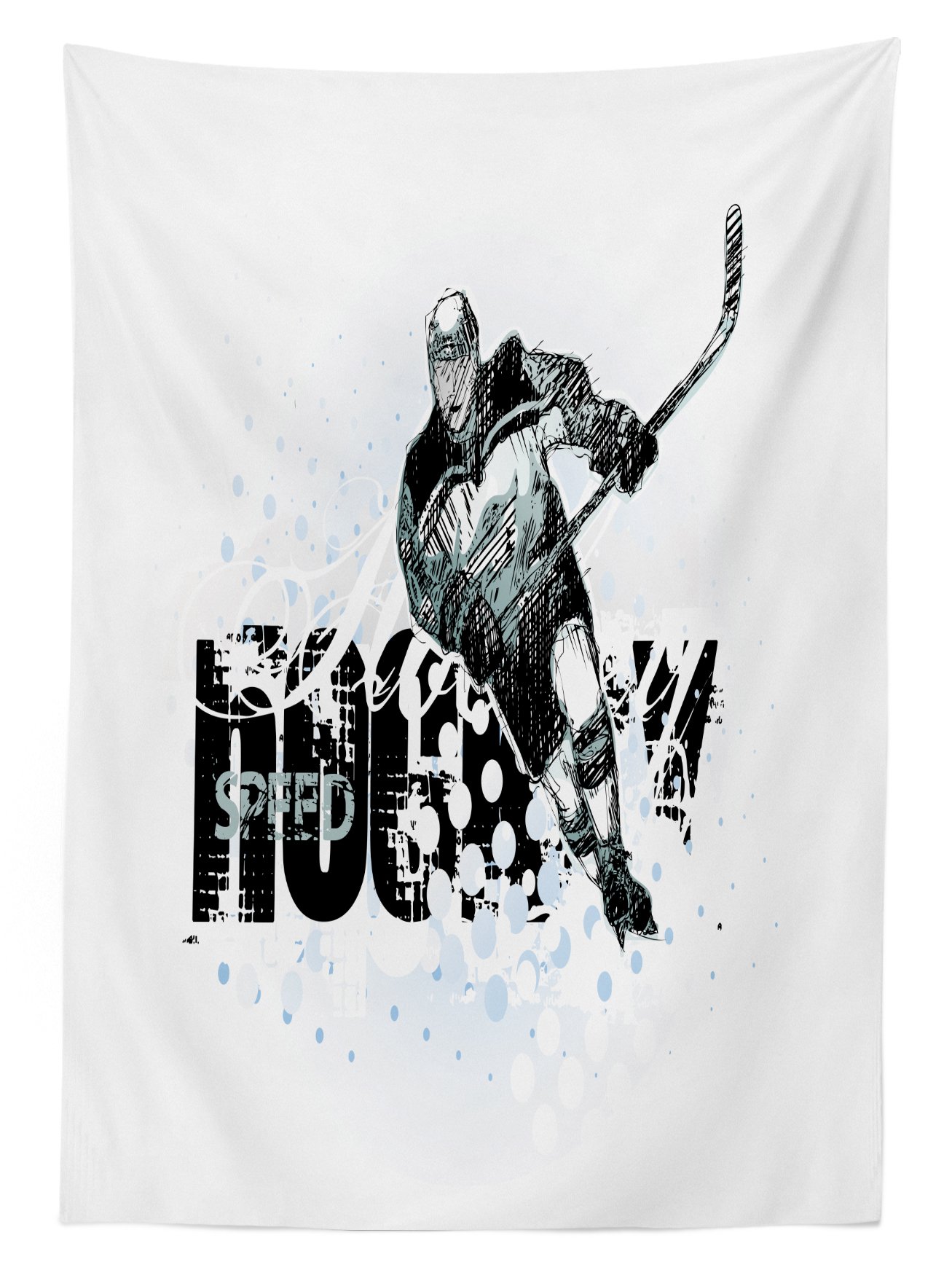 Ambesonne Hockey-Themed Outdoor Tablecloth - Grunge Sketch Art with Player Silhouette & Dots - Washable Picnic Table Cover 58x84 Inches - Black White Pale Blue - Perfect for Game Day Parties, Backyard BBQs & Sports-Themed Decor