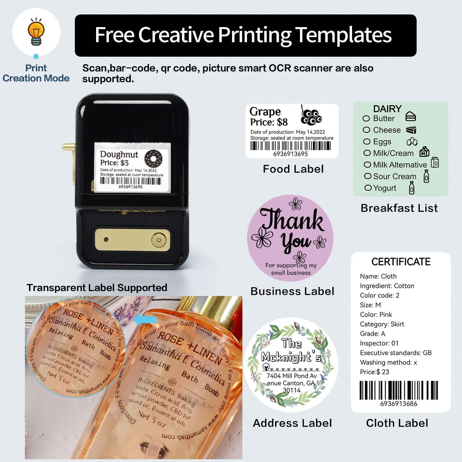 Portable Bluetooth Thermal Barcode Label Printer - Mini Label Maker for Office, Retail, Cable & Barcode Labeling | Compatible with Android & iOS | Includes 50×30mm Labels (Black) | Perfect for Shipping, Inventory & Small Business Organization