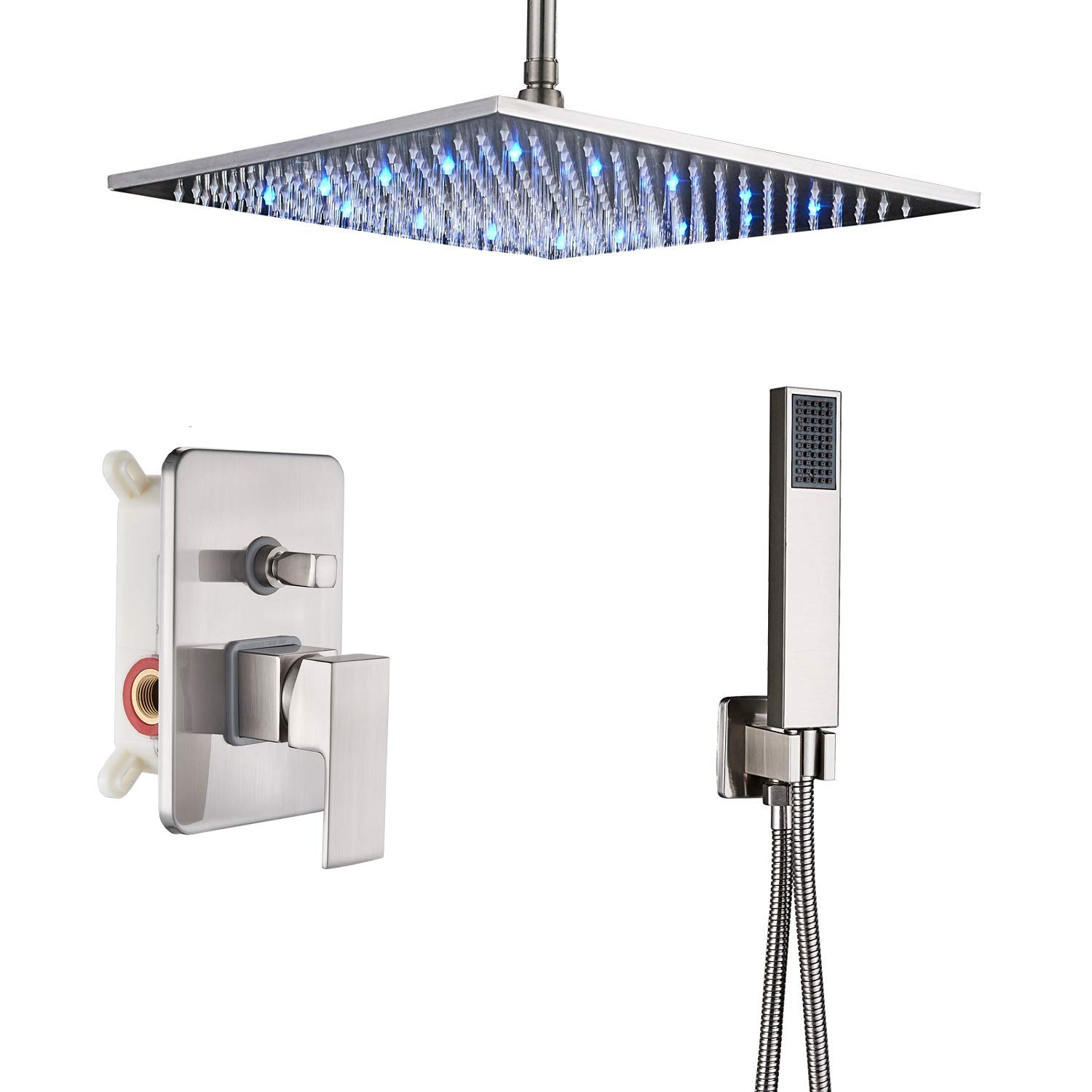 Rozin Brushed Nickel Rainfall Shower Faucet - Ceiling Mount LED 16