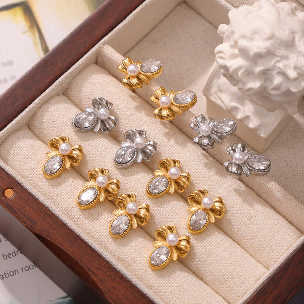 Antique Pearl Bow French Style Stud Earrings for Women - Vintage Gold Plated Jewelry Gift - F1472 | Perfect for Weddings, Parties & Special Occasions