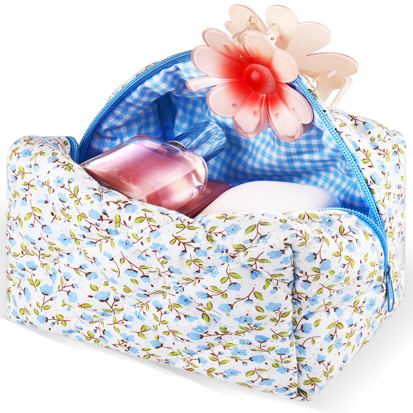 Floral Quilted Cotton Makeup Bag - Large Puffy Cosmetic Organizer for Women & Girls | Travel Toiletry Pouch with Zipper | Cute Aesthetic Storage for Cosmetics, Brushes & Essentials (Blue) - Perfect for Travel, Gym, Home & Daily Use