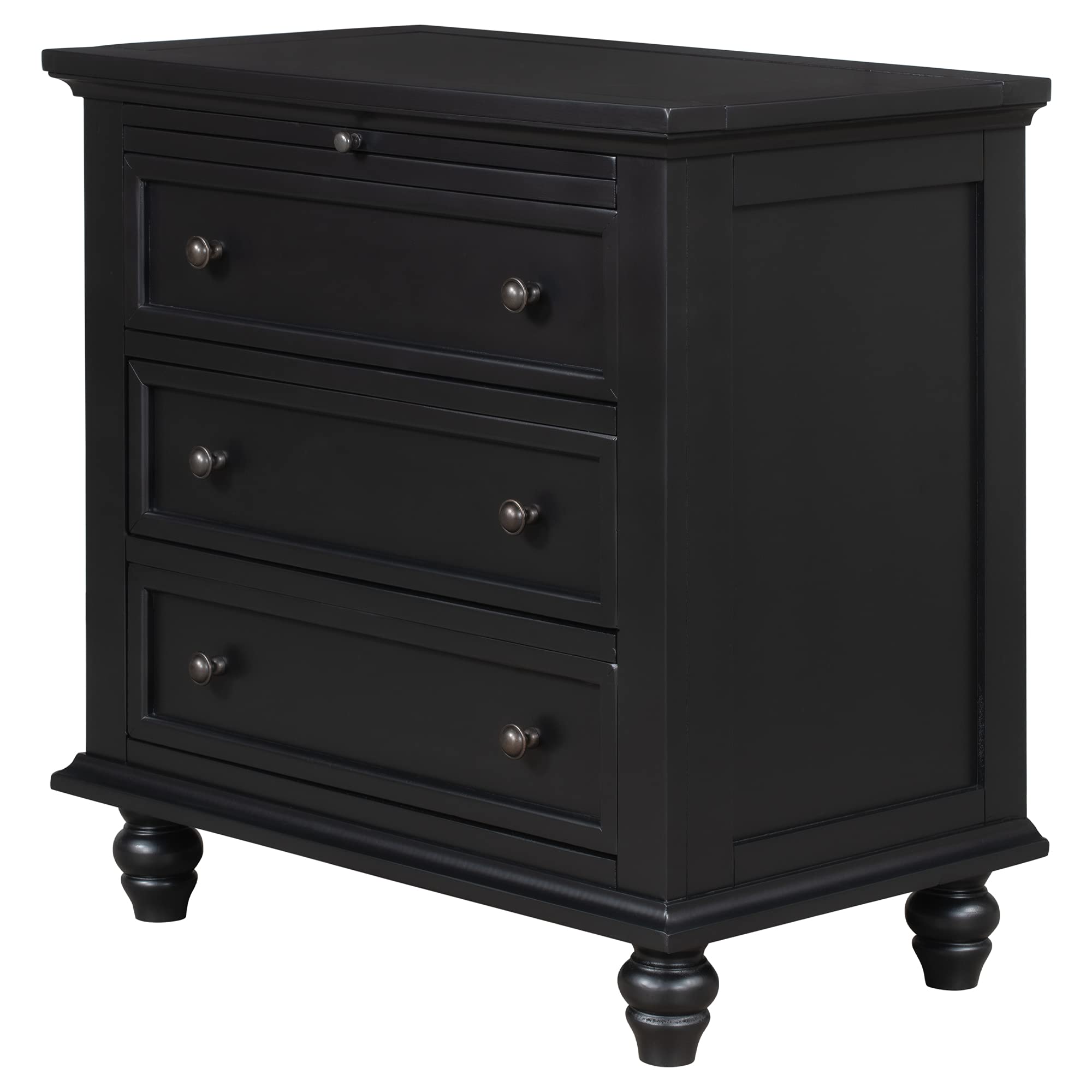3-Drawer Wooden Bedside End Table with Pull-Out Tray - Modern Nightstand for Bedroom, Living Room & Home Office - Black Finish - Perfect for Storage & Display (Books, Lamps, Alarm Clocks)