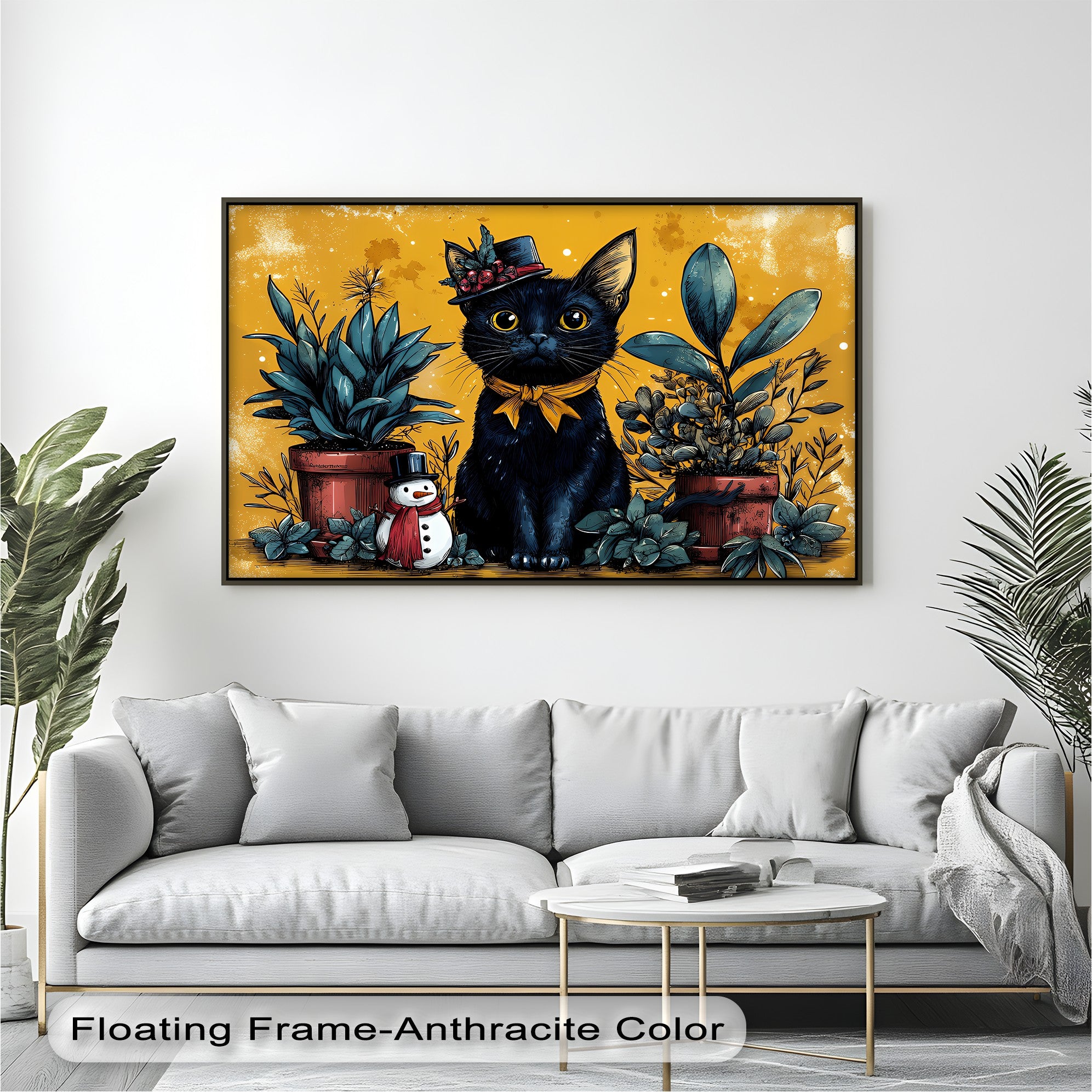 Black Cat with Holiday Hat and Yellow Ribbon - Festive Cat Canvas Print Wall Art for Christmas Home Decor, Living Room, Bedroom & Office