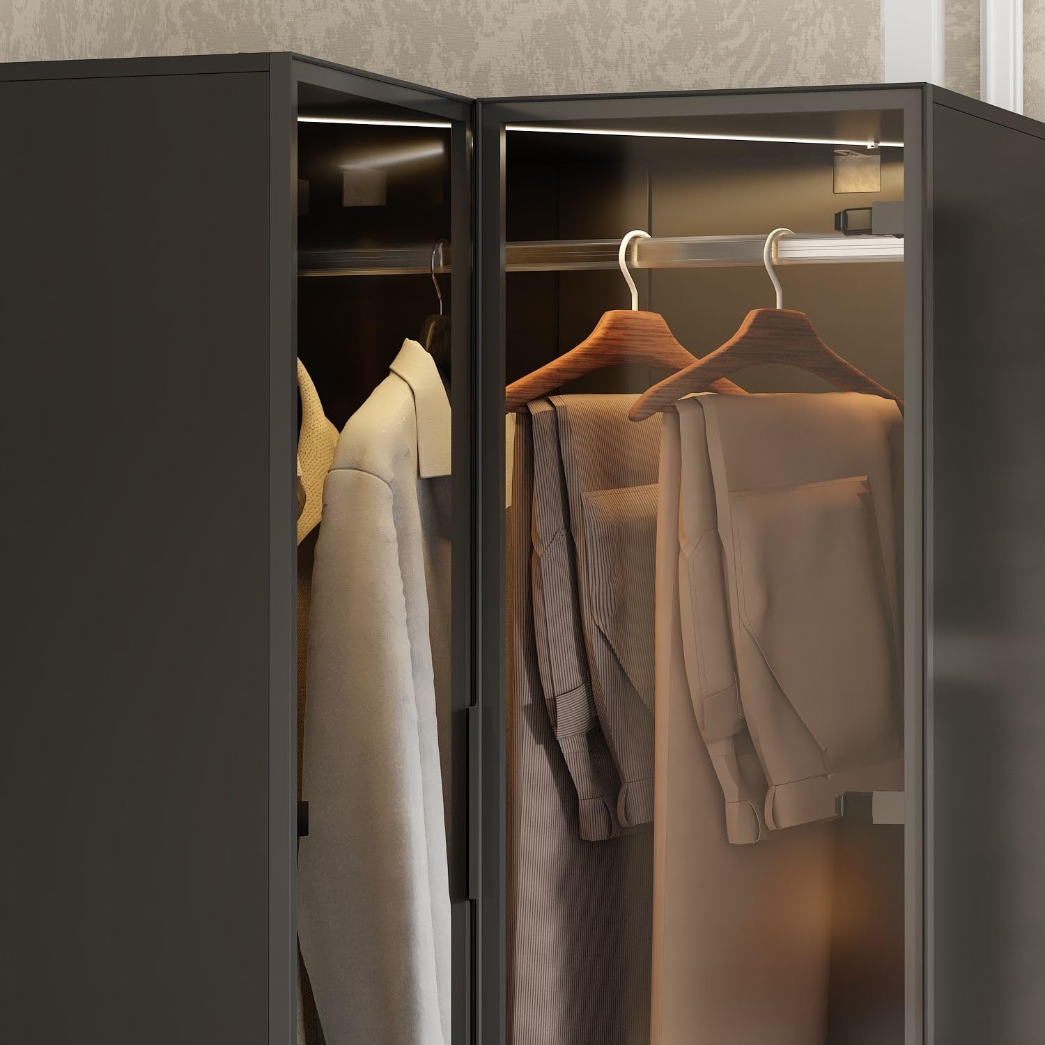 MOUMON L-Shaped Corner Wardrobe Closet with Glass Doors & LED Lights - Freestanding Clothes Storage Cabinet with Hanging Rod & Adjustable Shelves - Perfect for Bedroom, Guest Room, Walk-In Closet - Black (35.4”D x 35.4”W x 70.7”H) - Space-Saving Storage Solution for Small Apartments & Modern Homes