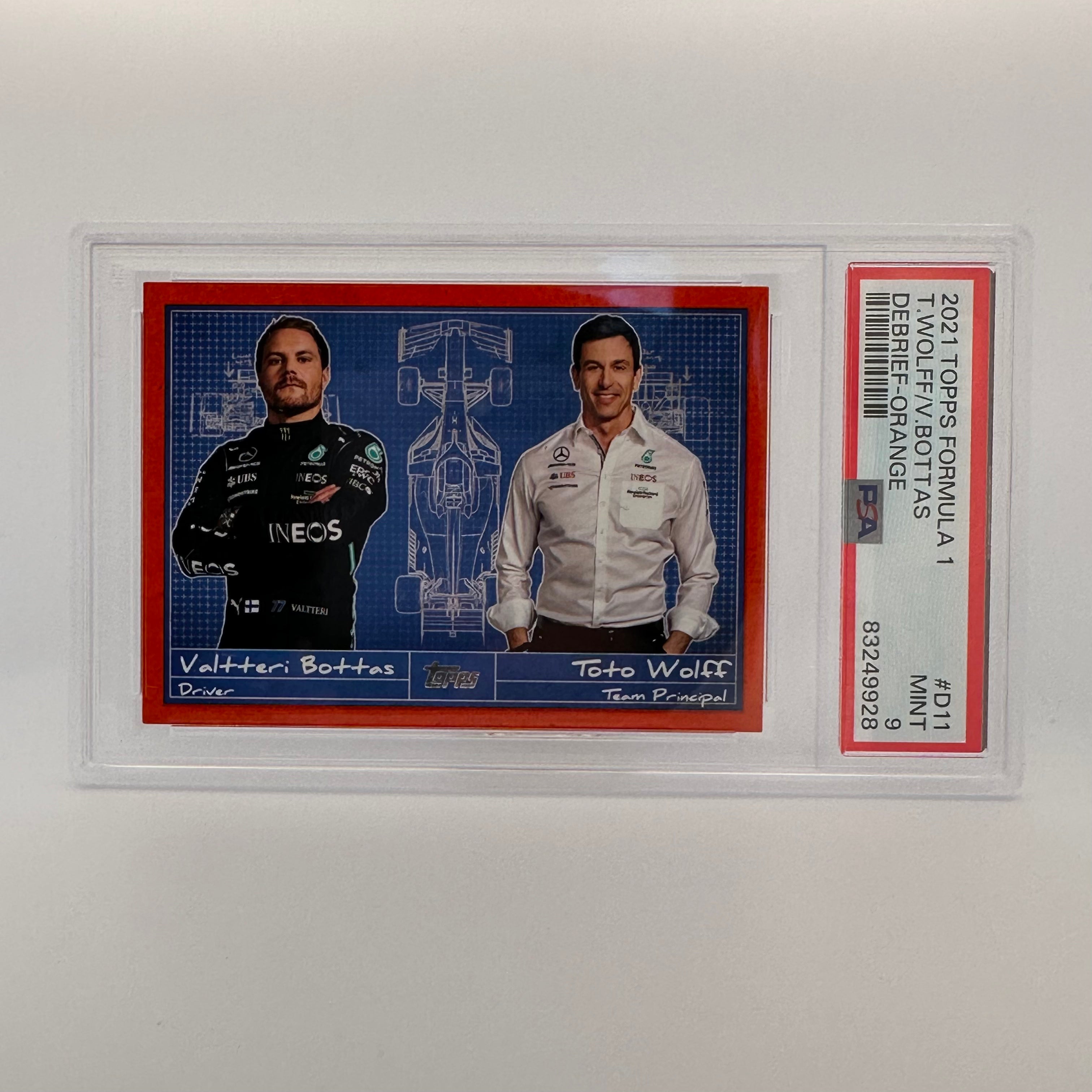 PSA 9 Graded 19/25 Valtteri Bottas & Toto Wolff Debrief #D11 Orange - Rare F1 Collectible for Motorsport Fans & Memorabilia Display