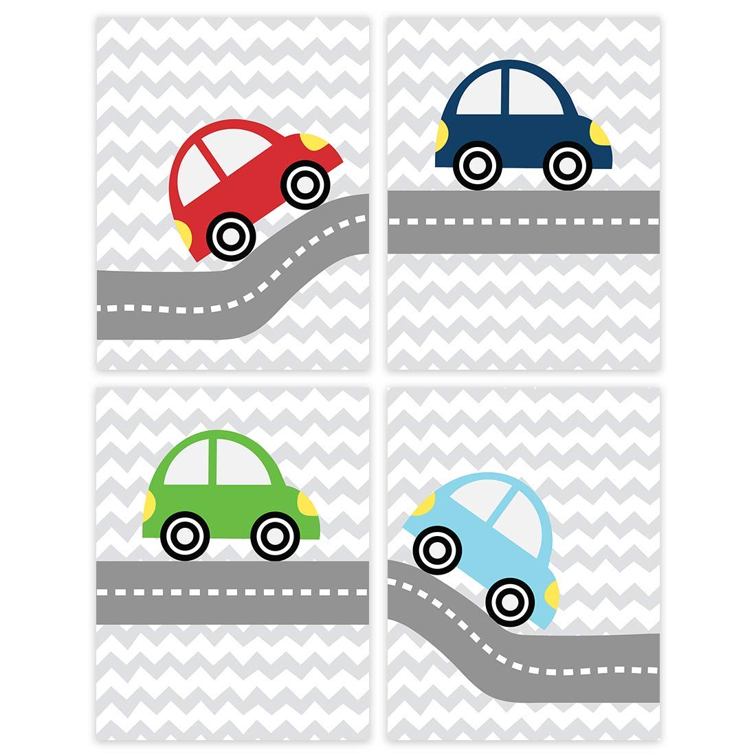 **Andaz Press Boys Kids Room Wall Art - 8.5x11 Inch Colorful Cars Theme Unframed Poster Set of 4 - Nursery Decor, Home Decor, Gift for Toddlers & Kids - Perfect for Bedrooms, Playrooms & Daycares**