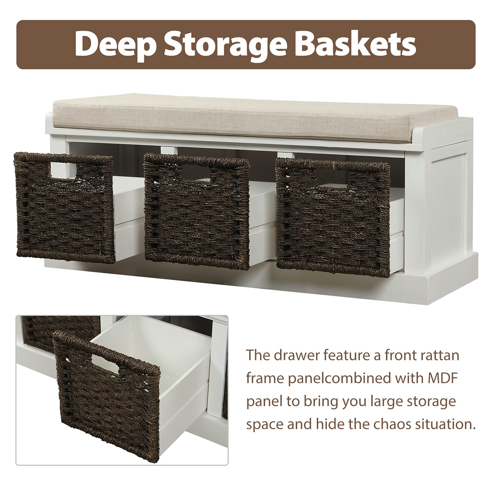 VERYKE Entryway Storage Bench with Removable Cushion & 3 Rattan Baskets - Shoe Bench with Hollow Handle for Hallway, Living Room, Bedroom (White) | Perfect for Organizing Shoes, Blankets & Home Decor in Small Spaces