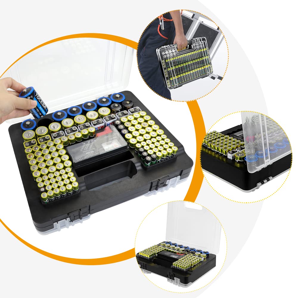 X-Value Battery Organizer Case - Portable Storage Box for AA AAA C D 9V Batteries (Holds 230) with Built-in Tester - Perfect for Home, Office, Travel & Emergency Kits (Grey, Batteries Not Included)